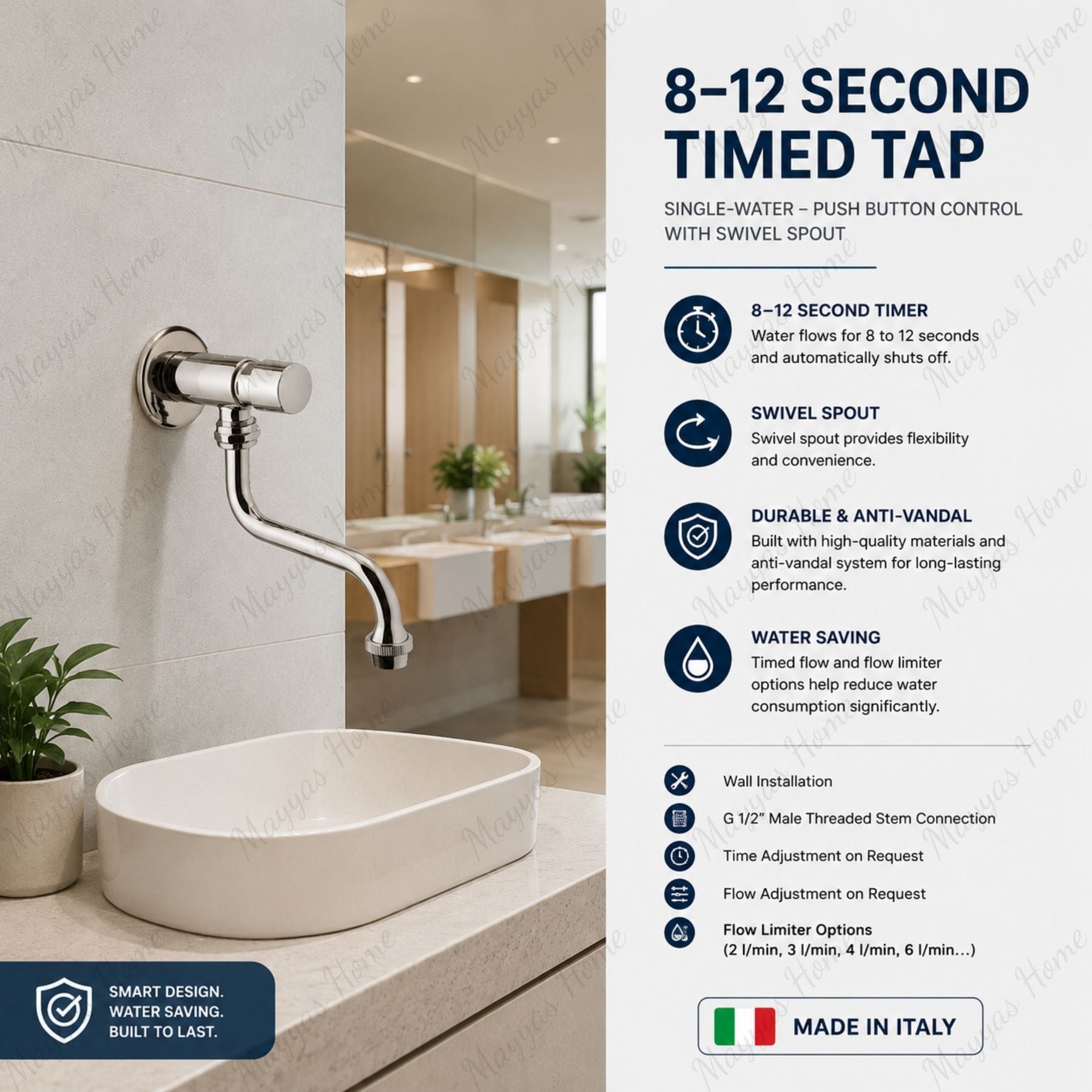 Wall-mounted single-water timed tap with swivel spout, push-button control, adjustable flow and anti-vandal protection for commercial and public washrooms.