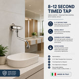 Wall-mounted single-water timed tap with swivel spout, push-button control, adjustable flow and anti-vandal protection for commercial and public washrooms.