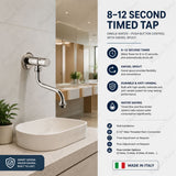 Wall-mounted single-water timed tap with swivel spout, push-button control, adjustable flow and anti-vandal protection for commercial and public washrooms.