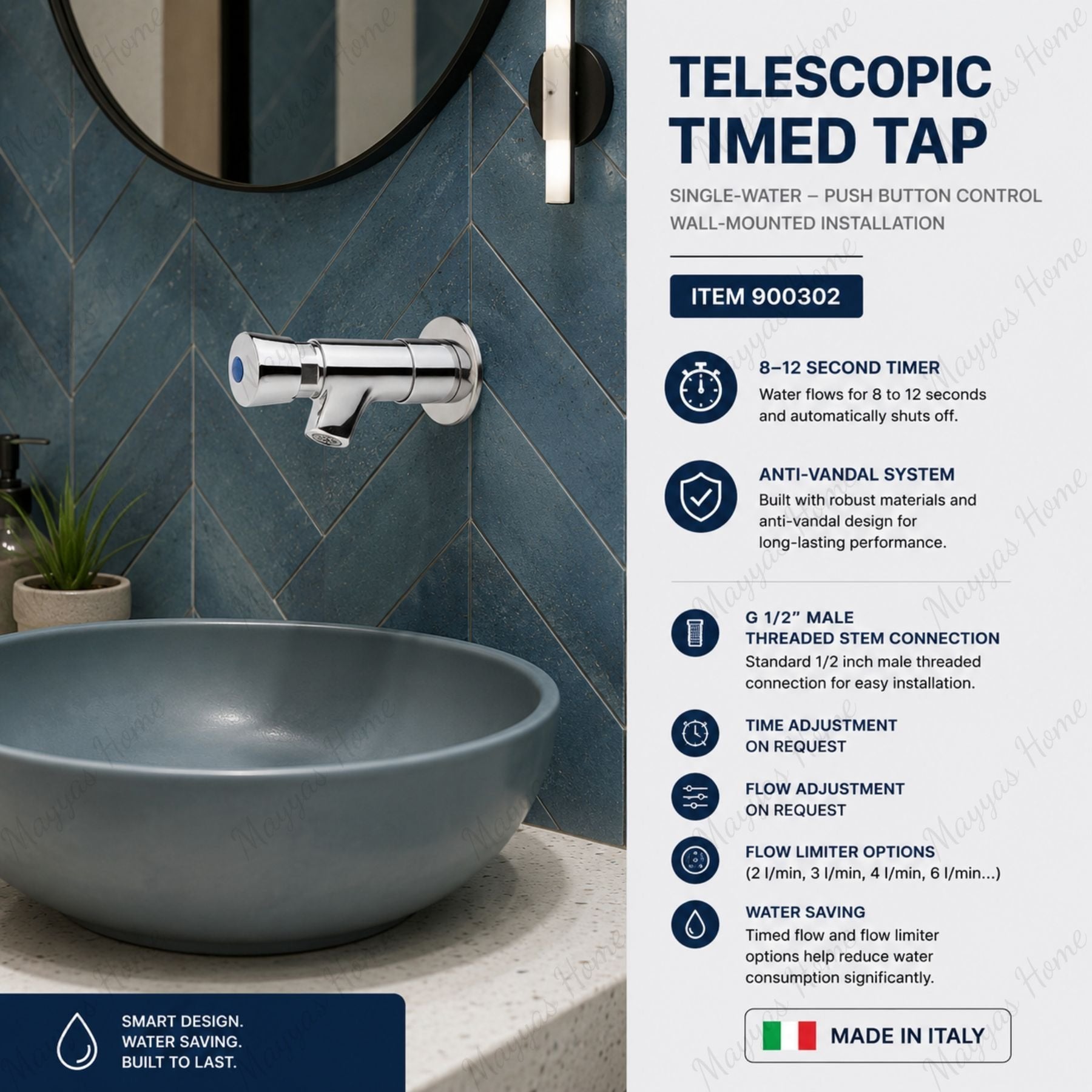Wall-mounted telescopic single-water tap with push-button control, timed shut-off and anti-vandal protection for UAE commercial washrooms.