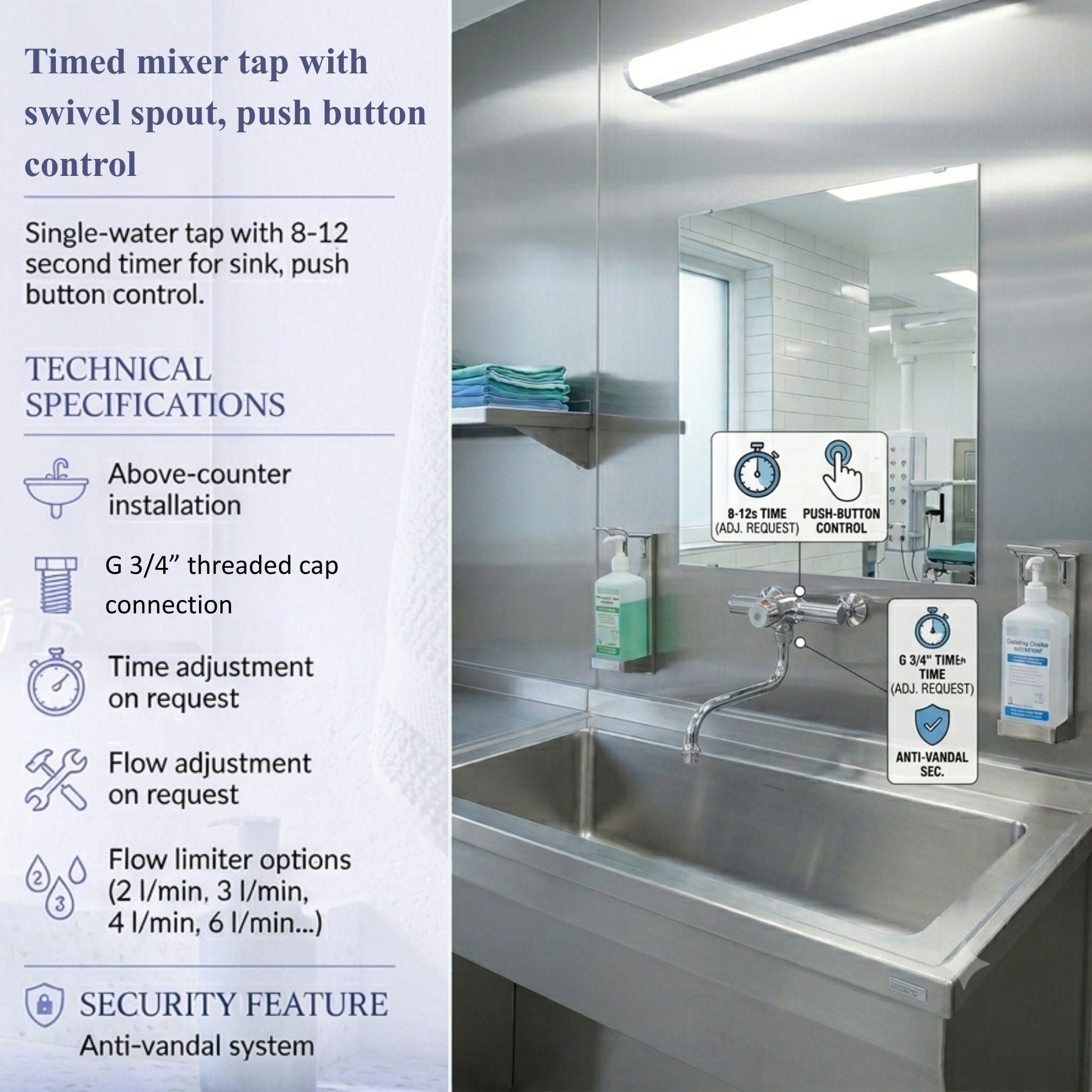 Wall-mounted timed mixer tap with swivel spout, push-button control, anti-vandal protection and adjustable flow settings for UAE washrooms.