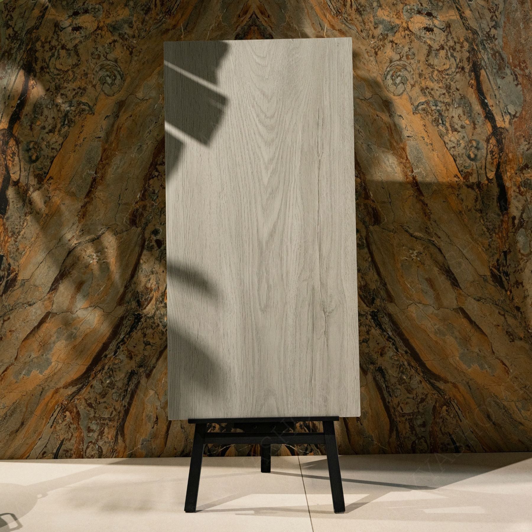 Wood Grey porcelain tile 60×120cm features soft grey wood tones with a realistic grain texture, durable porcelain body ideal for floors and walls.