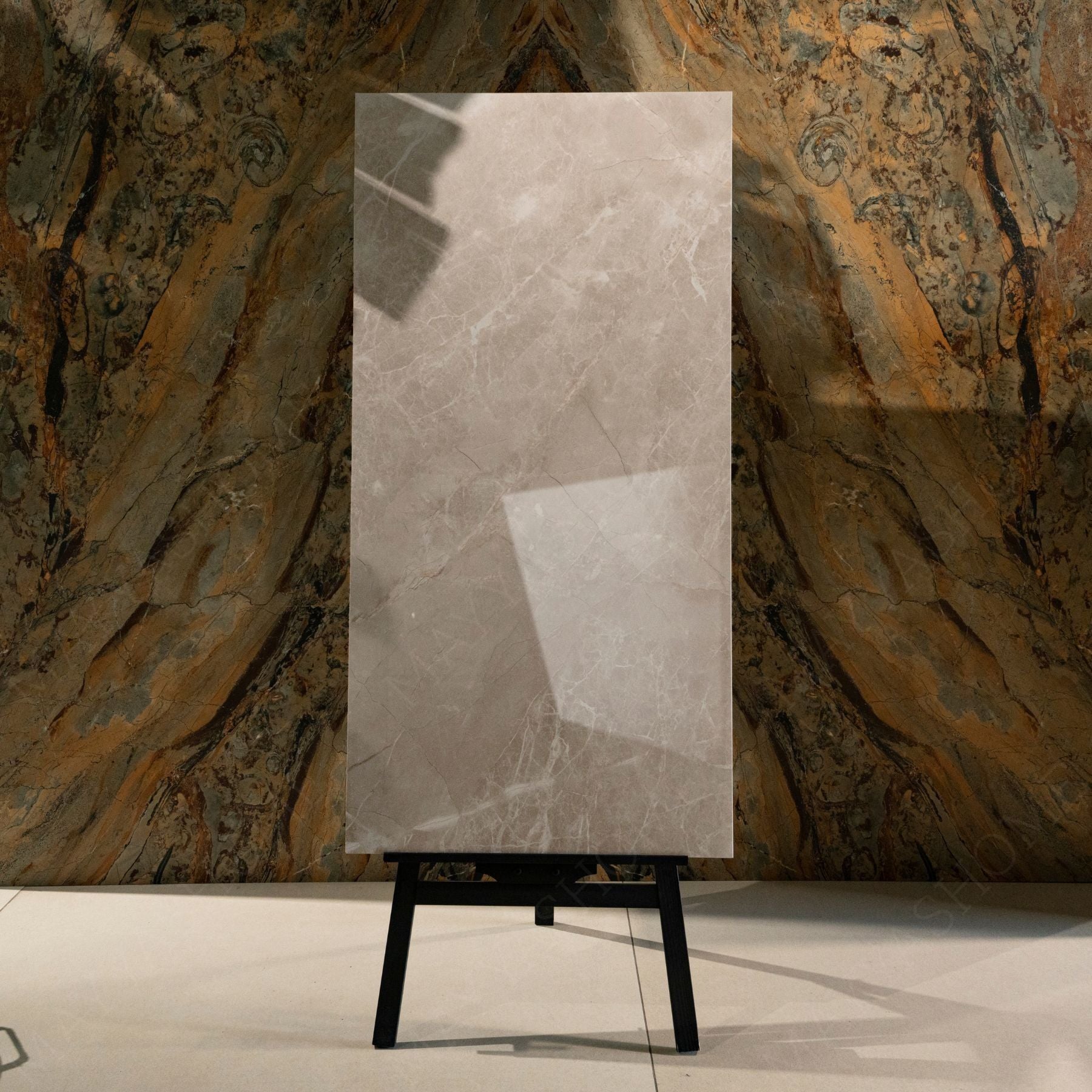 Zenith Sand glossy marble effect porcelain tile 60x120cm with 9mm thickness features warm sand tones and polished luxury finish.