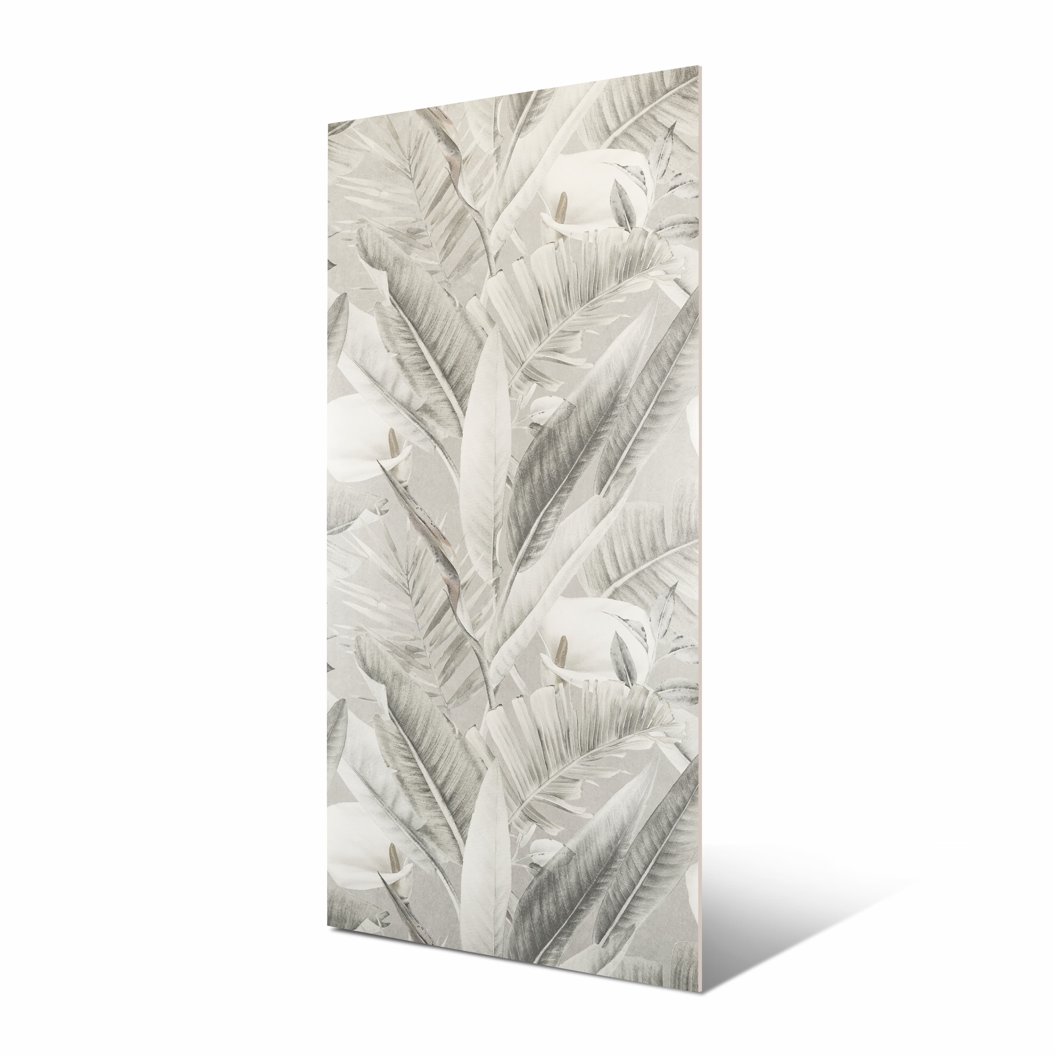 Sage Fog Matte large format porcelain slab angled view highlighting matte finish, painterly foliage decor with white blooms, and rectified edges