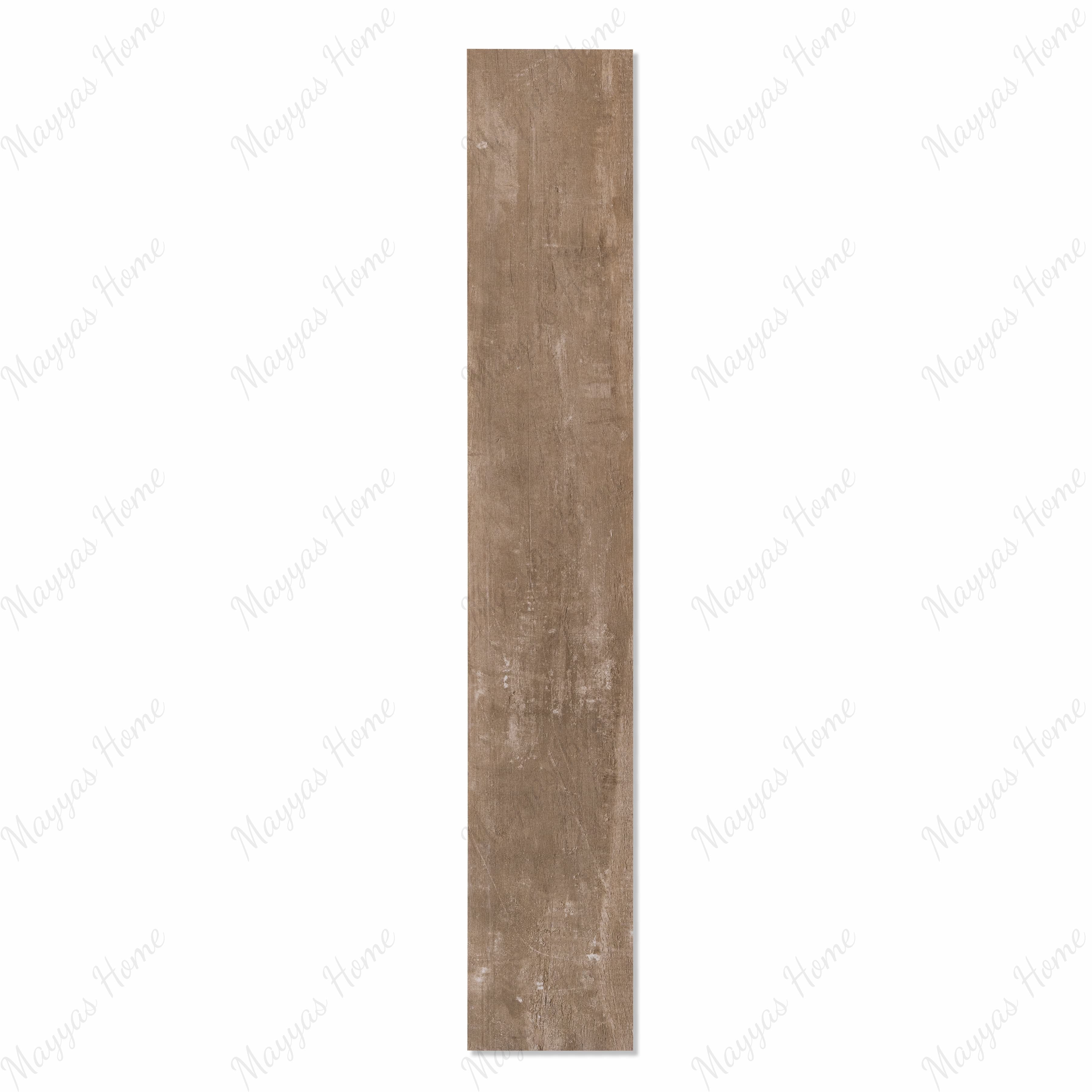 Speria Smoke weathered brown wood-look porcelain plank tile with rustic texture