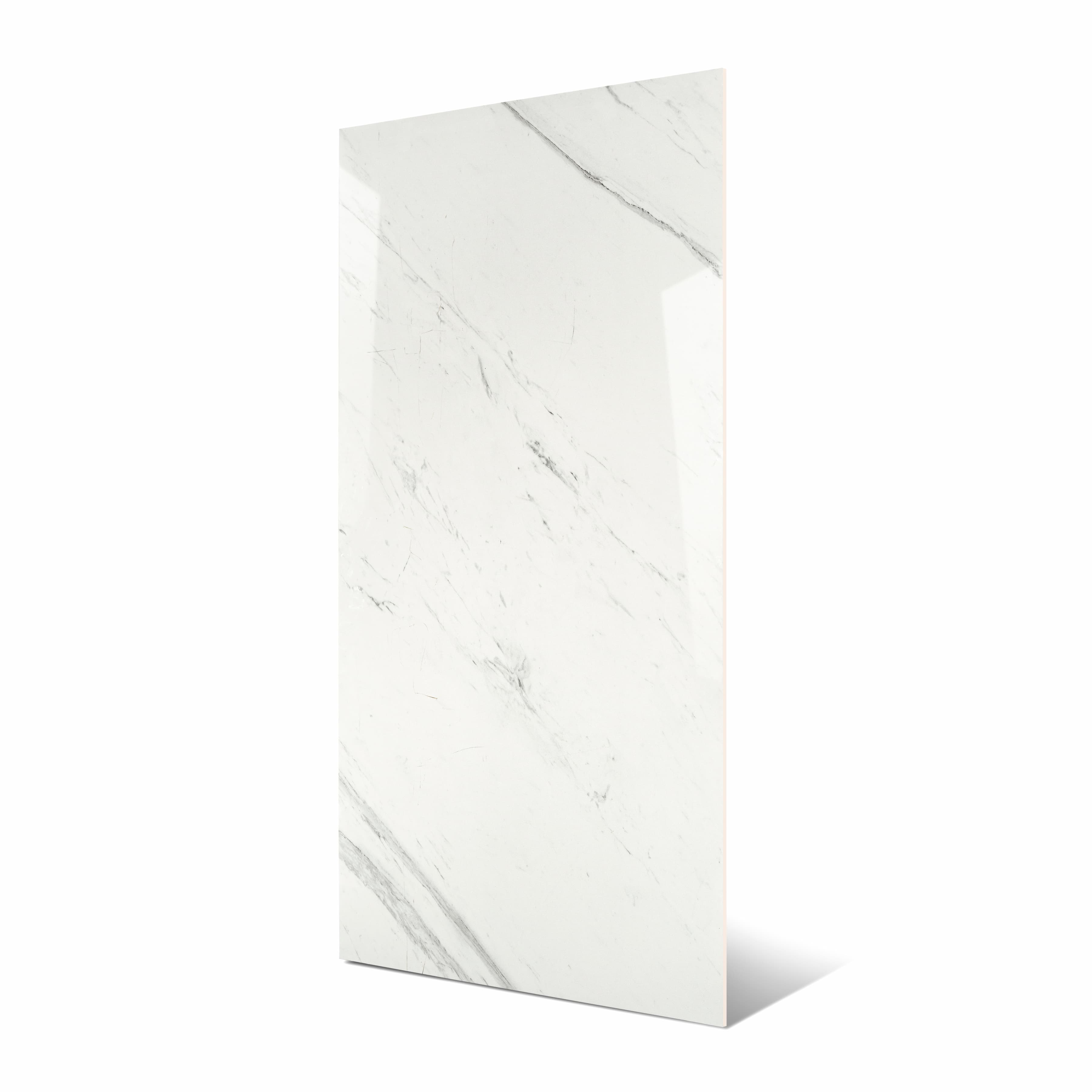Statuario Platina BM large format porcelain slab angled view highlighting polished white marble finish, dramatic linear veining, and rectified edges