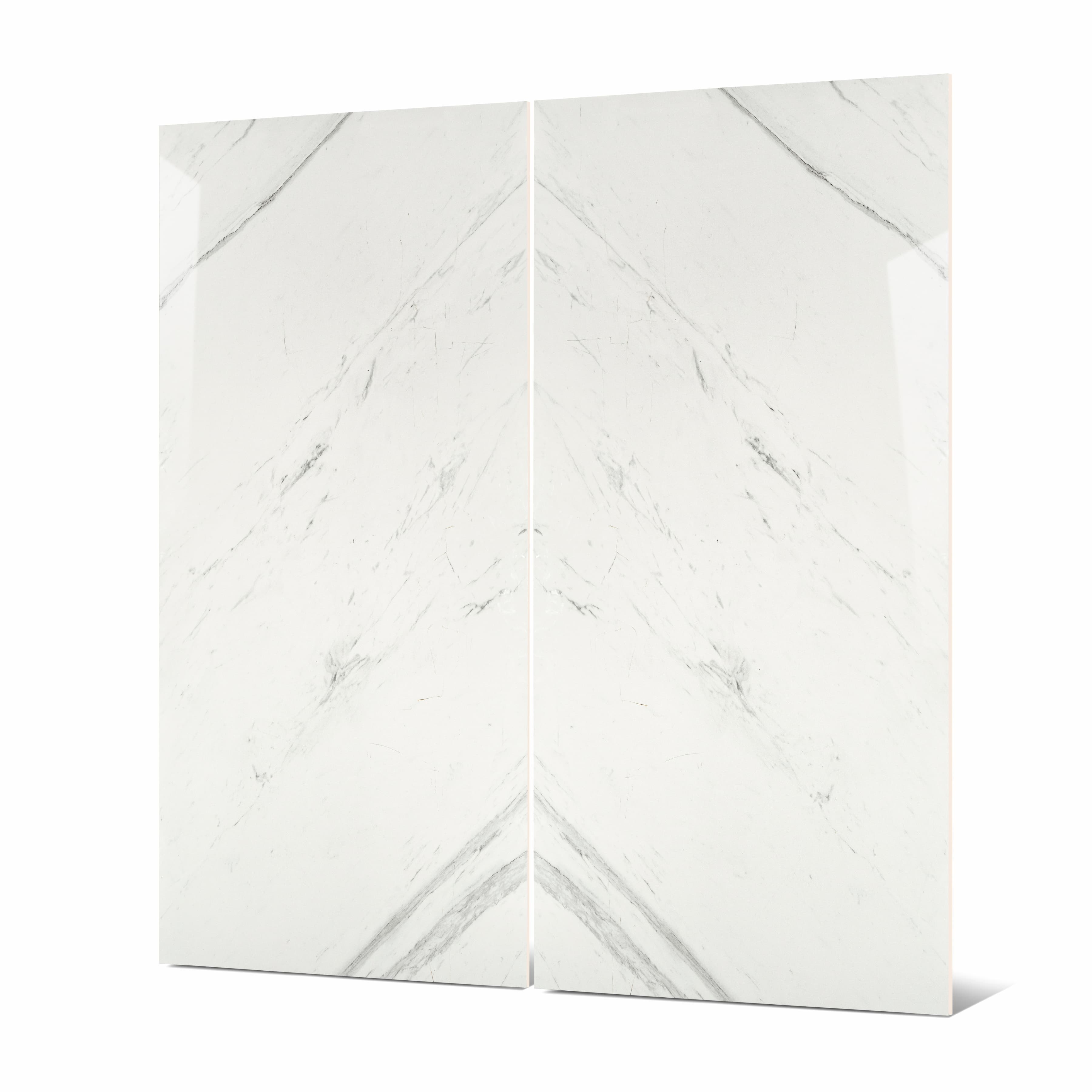 Close-up of Statuario Platina BM porcelain slab showing mirror-polished white surface with detailed silver-grey vein patterns and crystalline movement