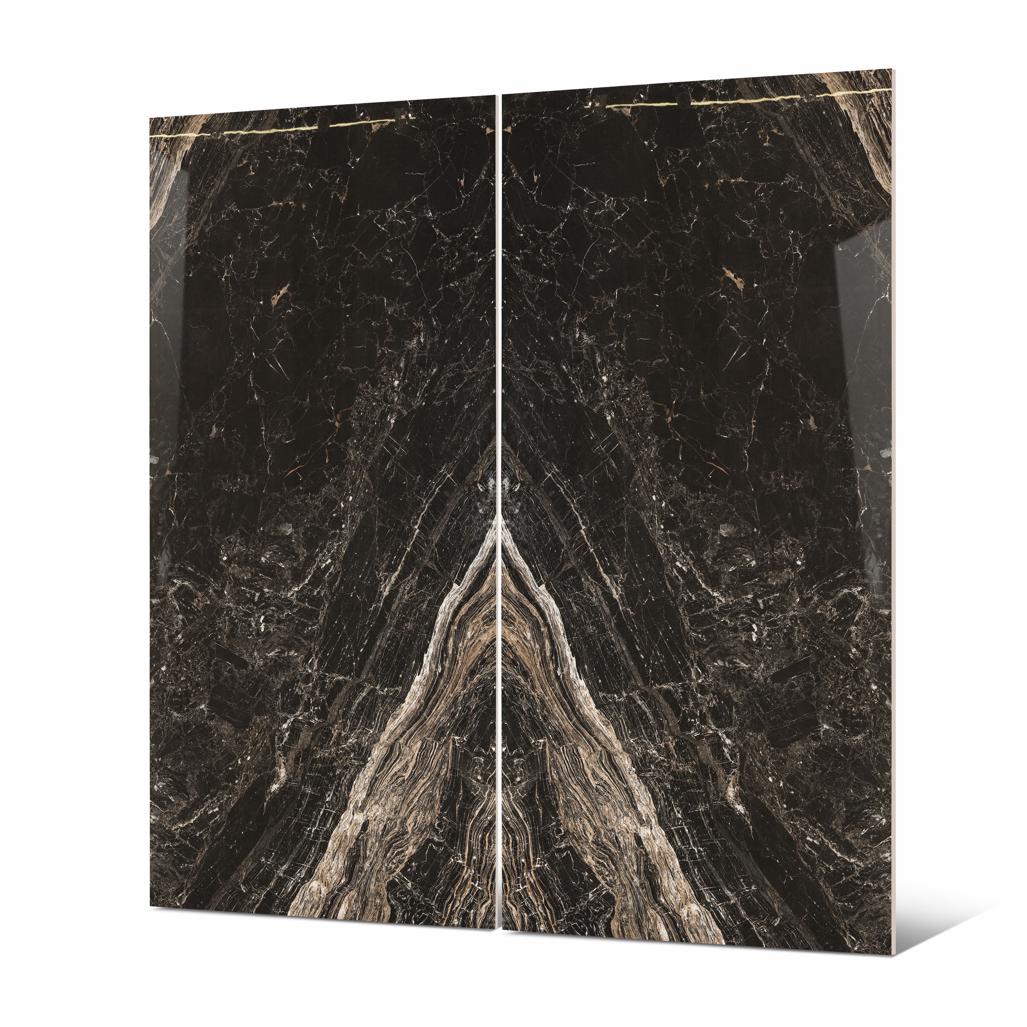 Close-up of Elite Black BM porcelain slab showing mirror-polished surface with detailed flowing white veins and warm copper-toned accents