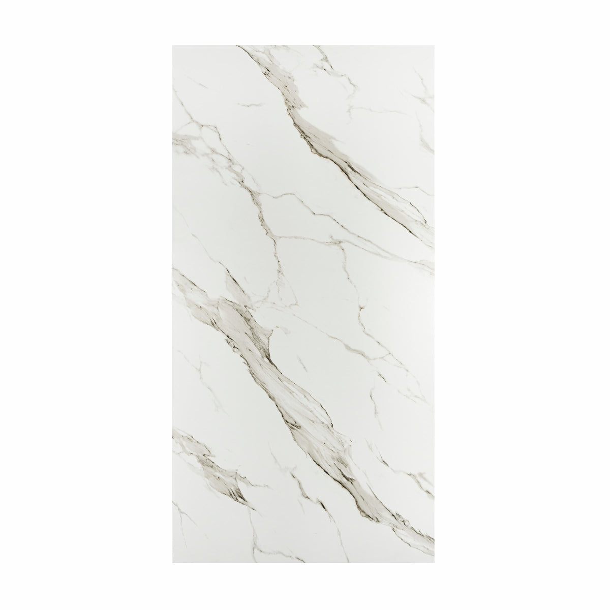 Calacatta Gold BM Matte porcelain slab displayed on easel against luxury backdrop showing white Calacatta marble with bold diagonal grey-gold veining for UAE interior design