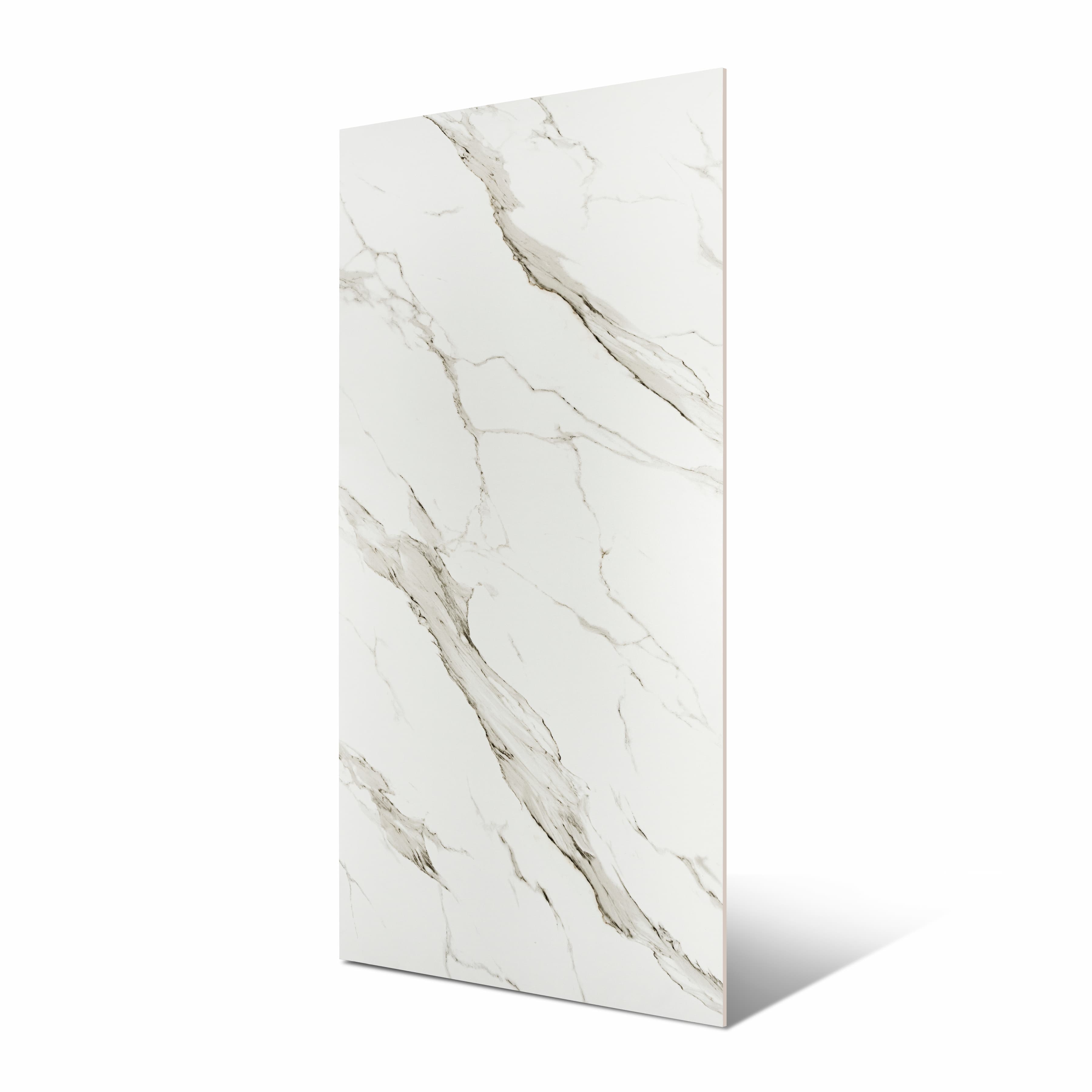 Calacatta Gold BM Matte large format porcelain slab angled view highlighting matte marble finish, bold flowing veining, and rectified edges