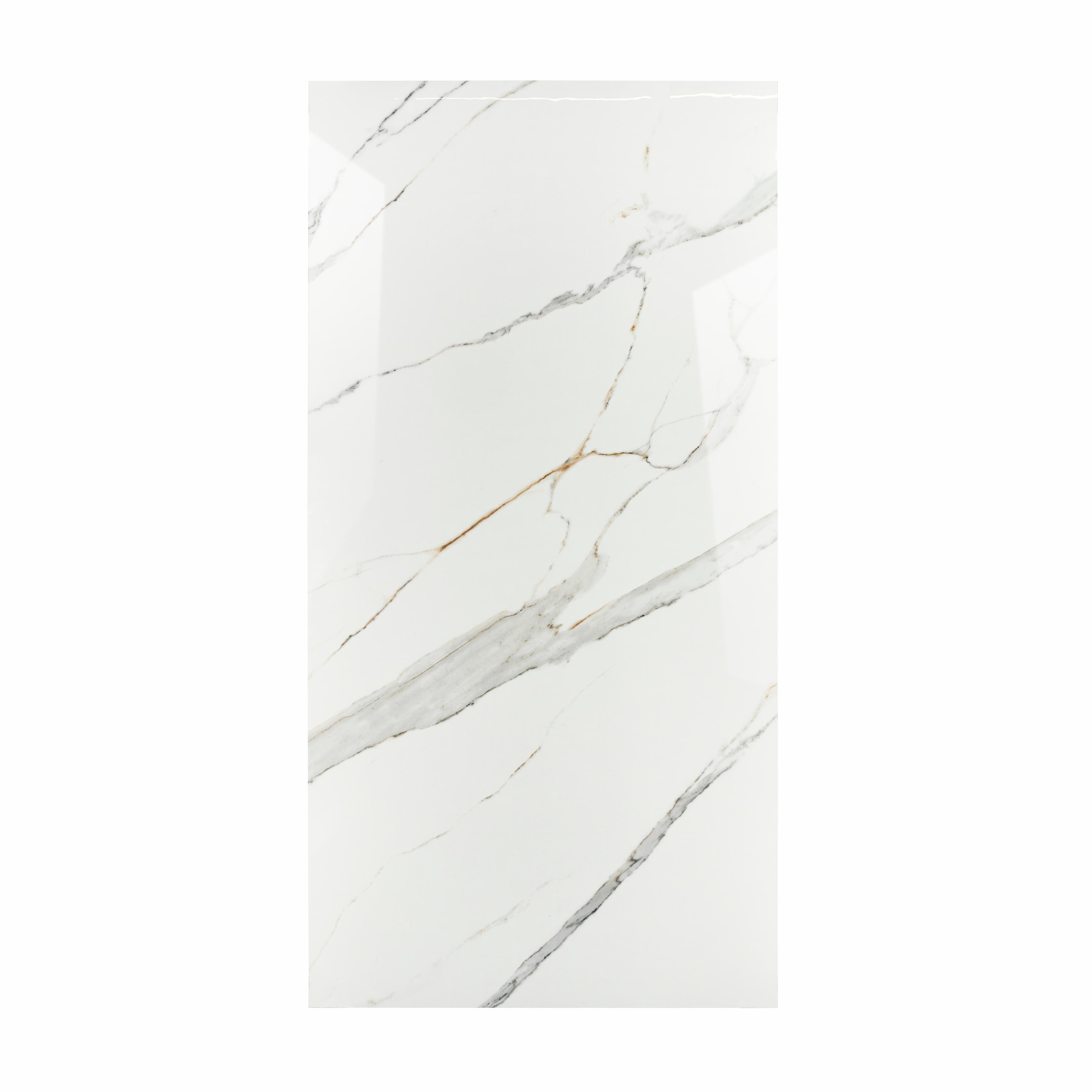 Gronza White BM porcelain slab displayed on easel against luxury backdrop showing bright white marble surface with elegant grey and gold veining for UAE interior design
