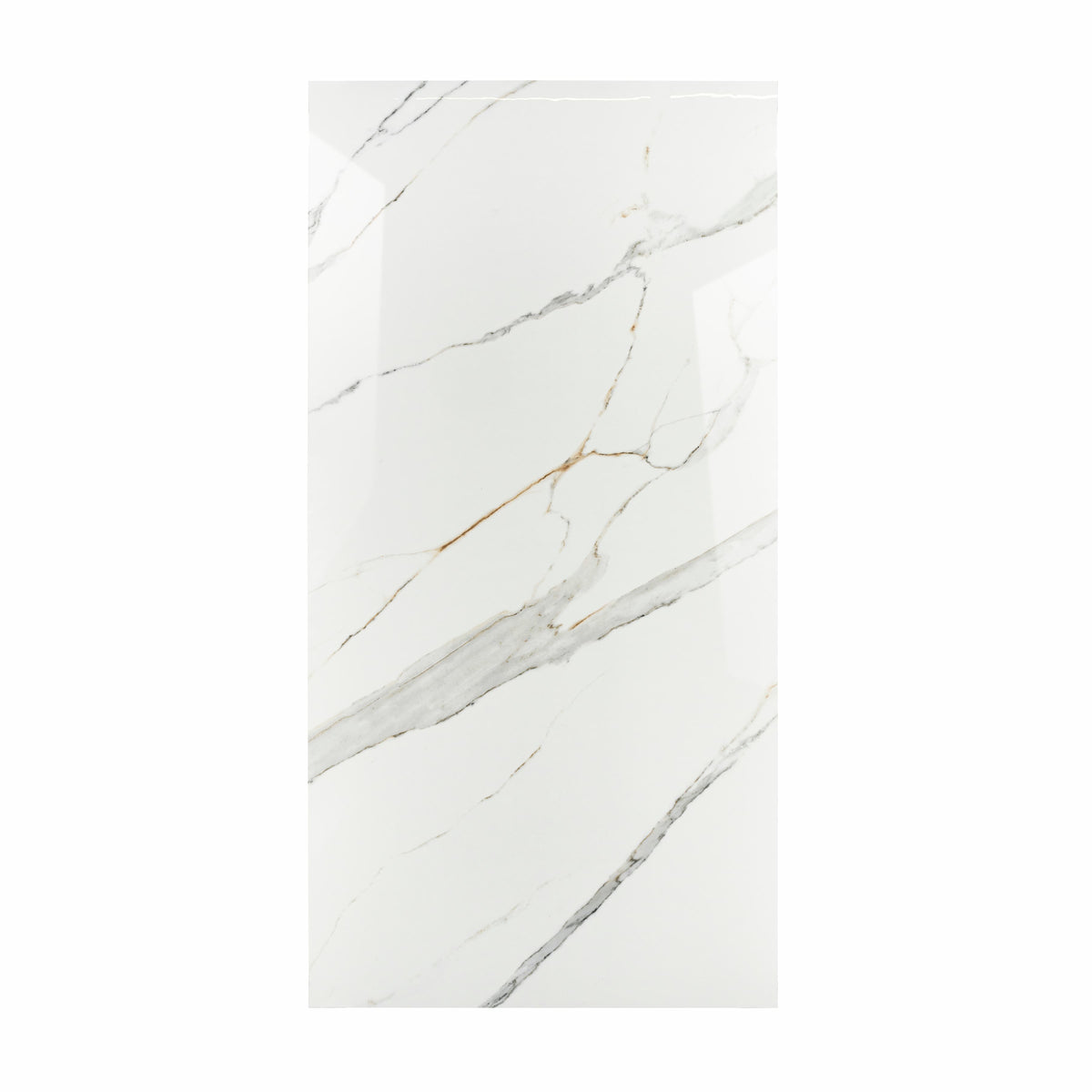Gronza White BM porcelain slab displayed on easel against luxury backdrop showing bright white marble surface with elegant grey and gold veining for UAE interior design
