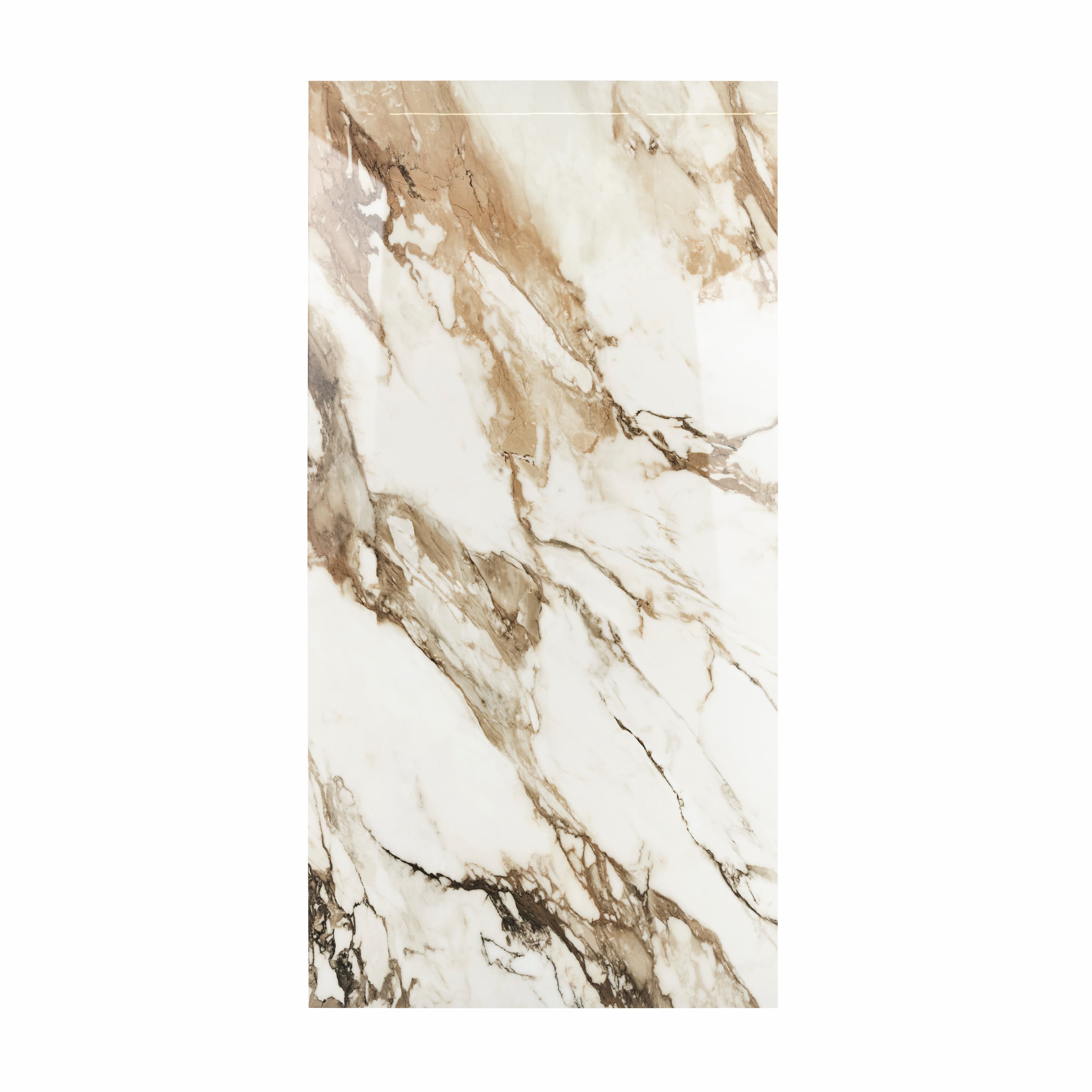 Macchia Vechia BM porcelain slab displayed on easel against luxury backdrop showing white marble with dramatic caramel brown veining for UAE interior design