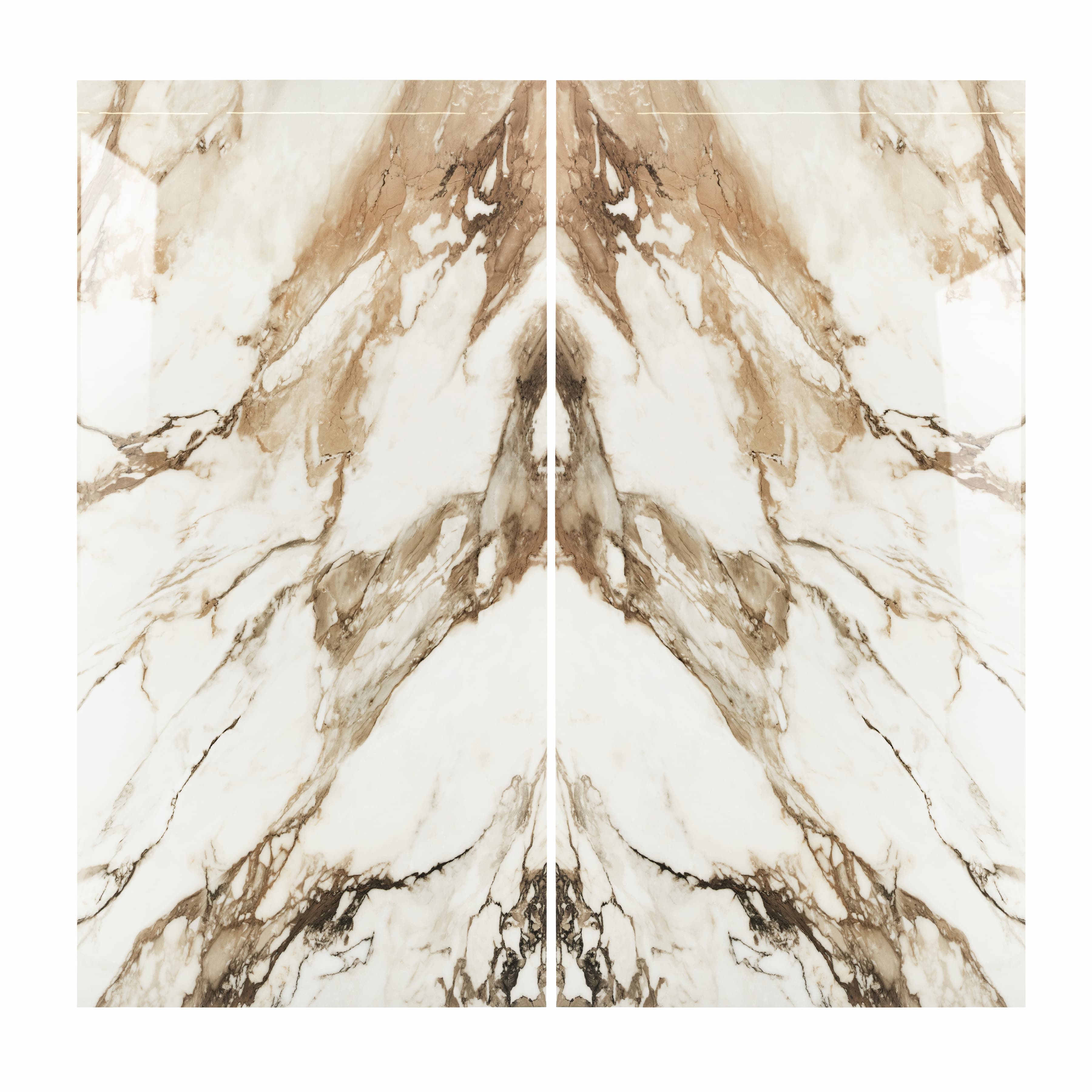 Macchia Vechia BM porcelain slab flat view showing ivory white marble surface with bold tobacco brown and grey sweeping veins