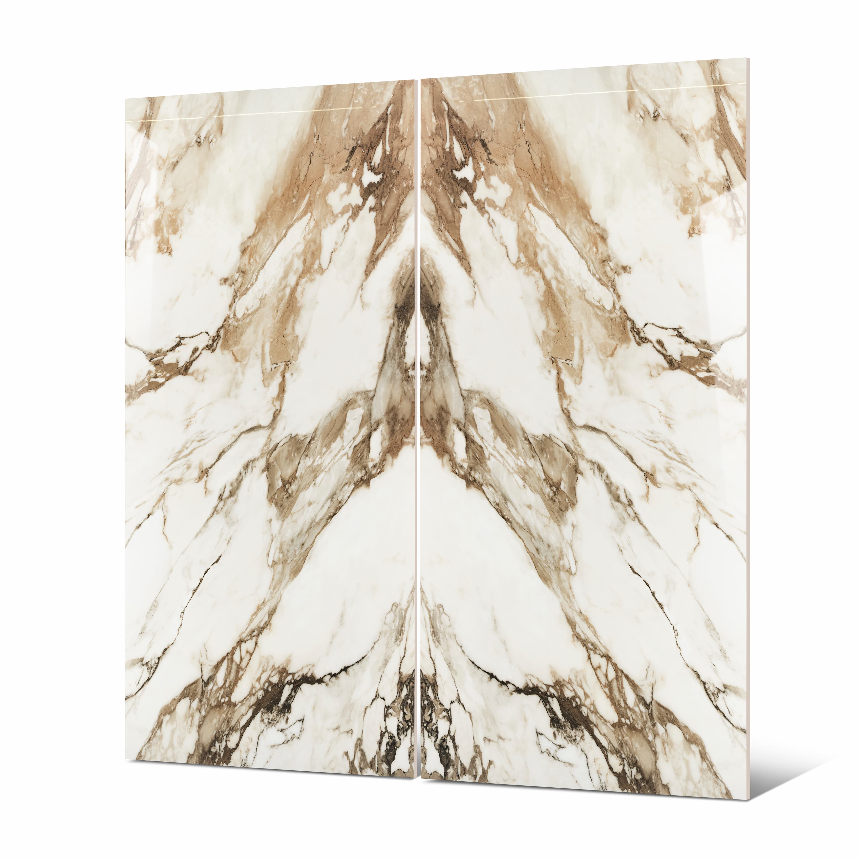Close-up of Macchia Vechia BM porcelain slab showing mirror-polished white surface with detailed amber-brown vein clusters and warm taupe accents