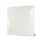 Smoke White large format porcelain tile angled view highlighting polished Calacatta marble finish, subtle veining, and rectified edges