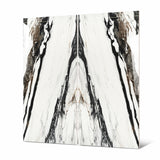 Close-up of Calacatta Oyster BM porcelain slab showing mirror-polished white surface with detailed black ink-like veins and rich amber mineral accents