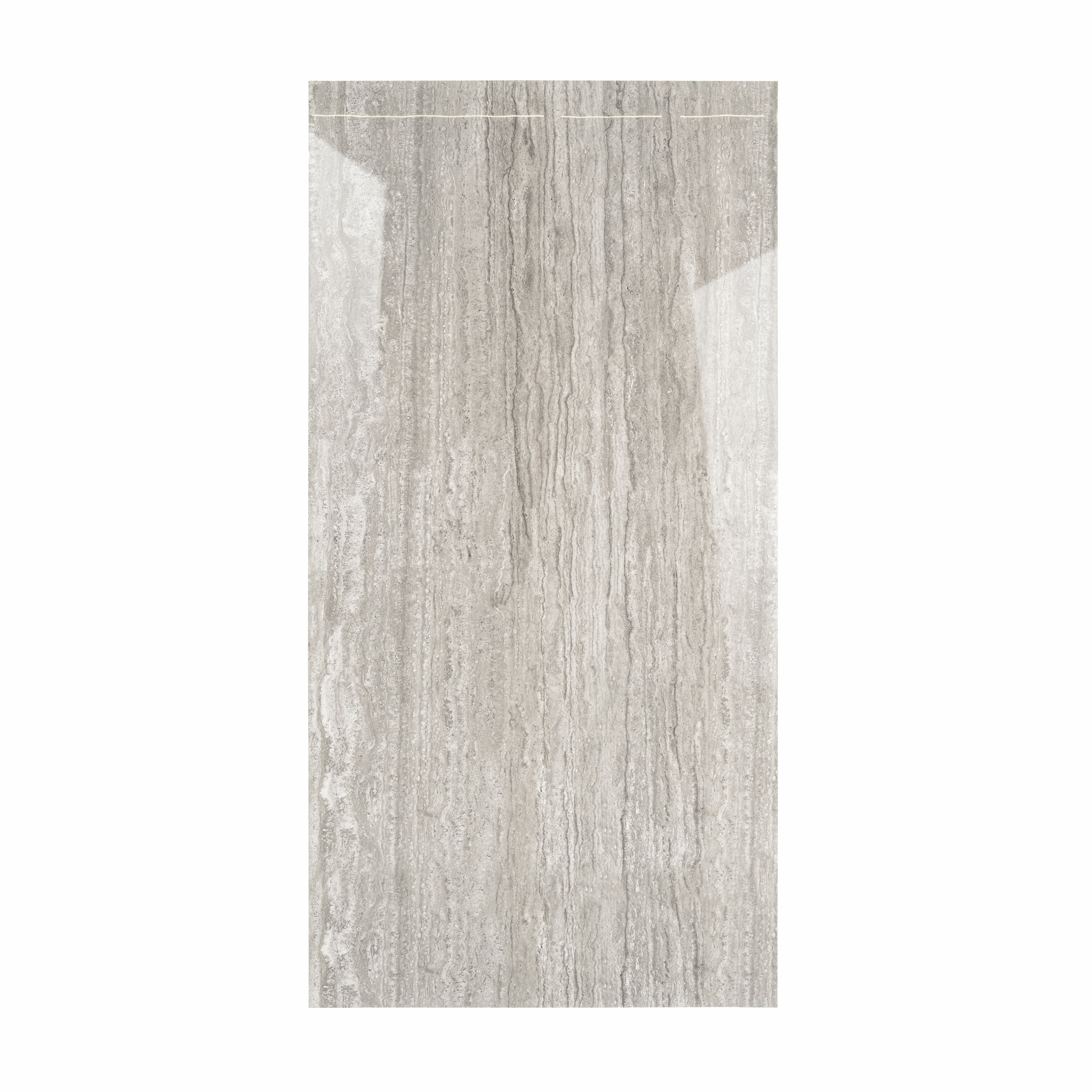 New Travertino Grey 120x240cm glossy porcelain tile with natural stone look. Durable 9mm design, perfect for elegant walls and floors.