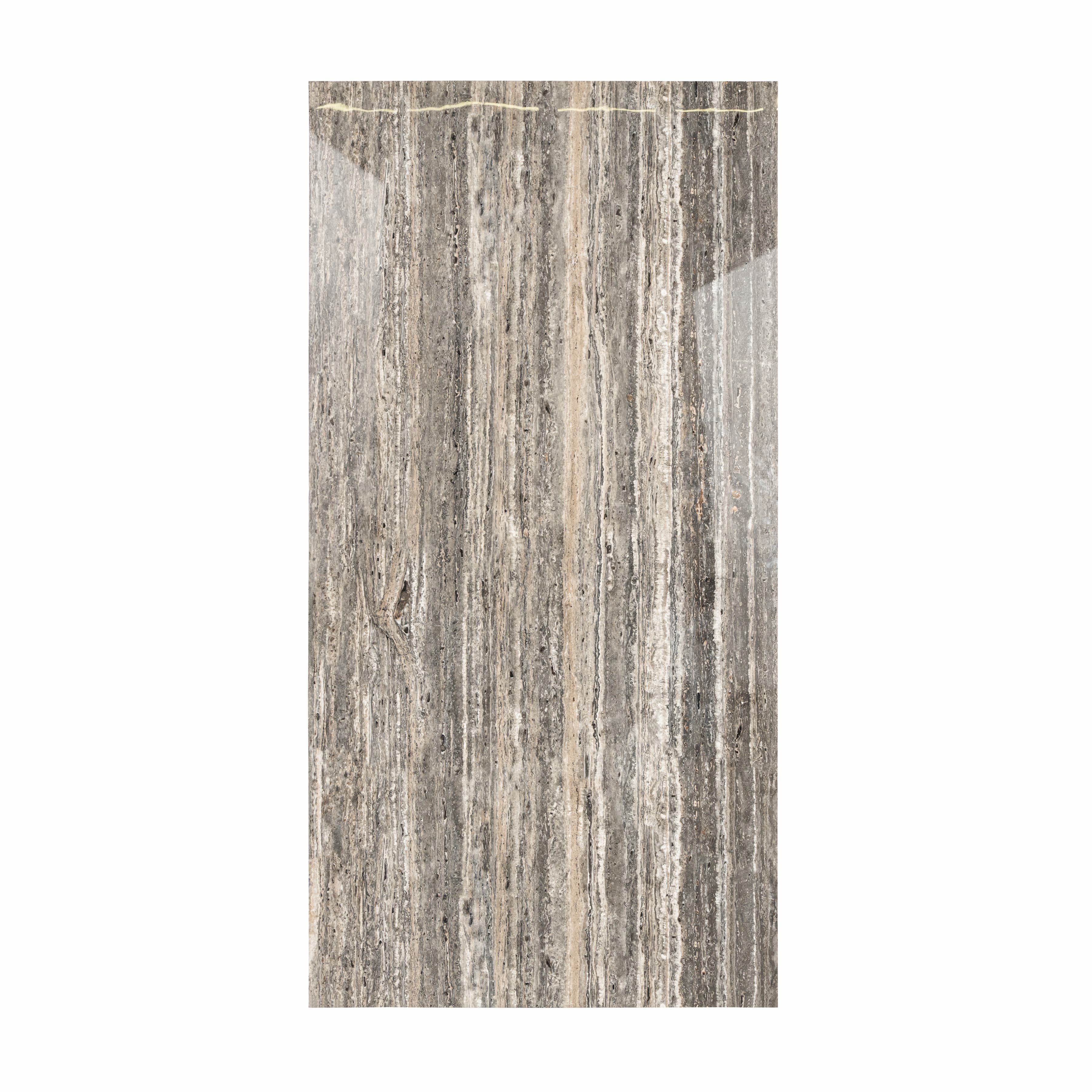 Ebony Travertino 120x240cm glossy porcelain tile with bold dark stone design. Durable 9mm surface for modern floors and walls.