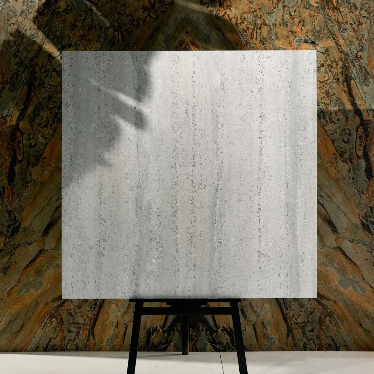 Stonex Grey 120x120cm matte porcelain tile flat view showing natural stone surface with fine aggregate detail and vertical mineral streaks