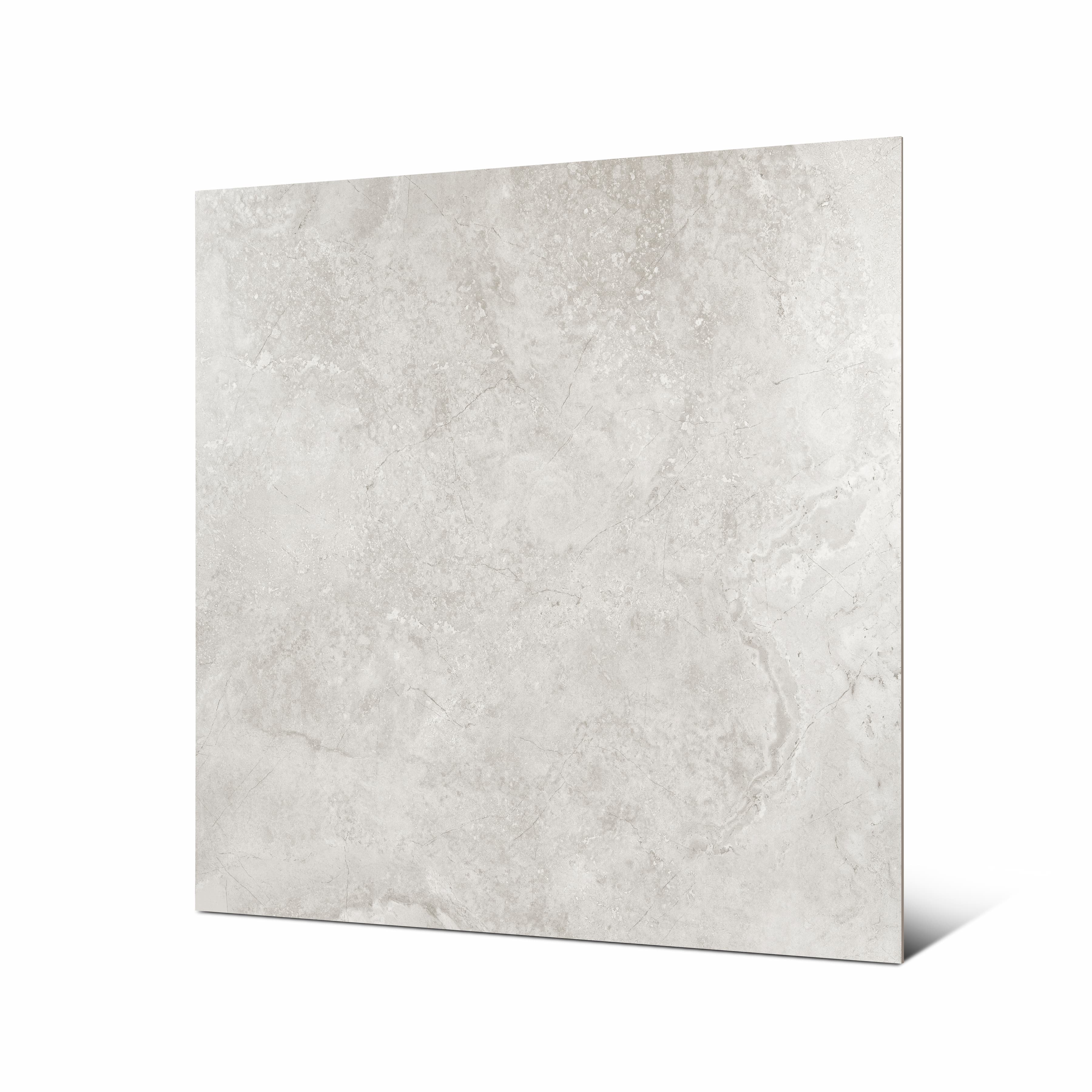 Resina Grey 120x120cm matte porcelain tile flat view showing soft grey travertine stone-look surface with natural veining