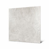 Resina Grey 120x120cm matte porcelain tile flat view showing soft grey travertine stone-look surface with natural veining