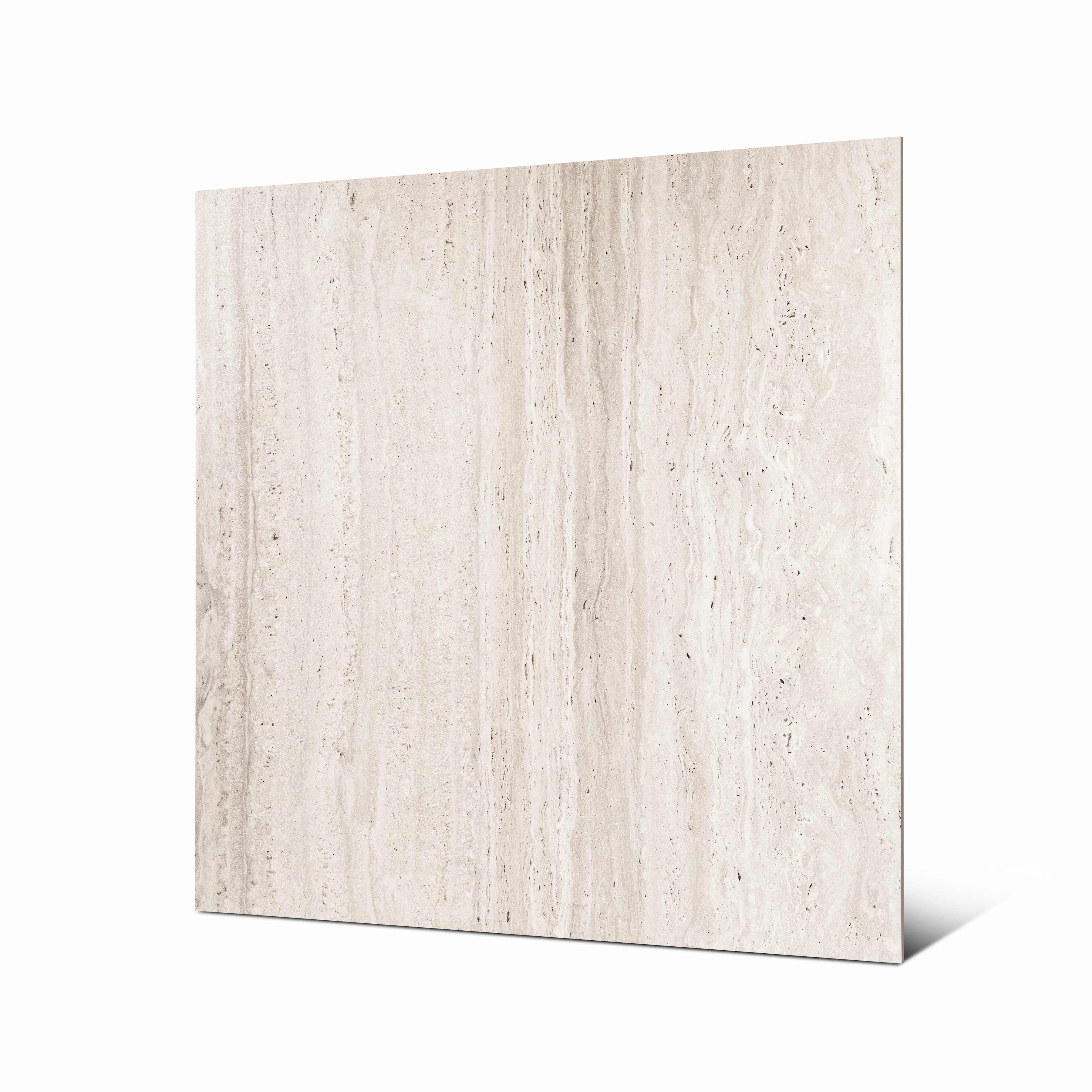 Roma Travertino Bianco 120x120cm matte porcelain tile flat view showing authentic ivory travertine vein-cut surface