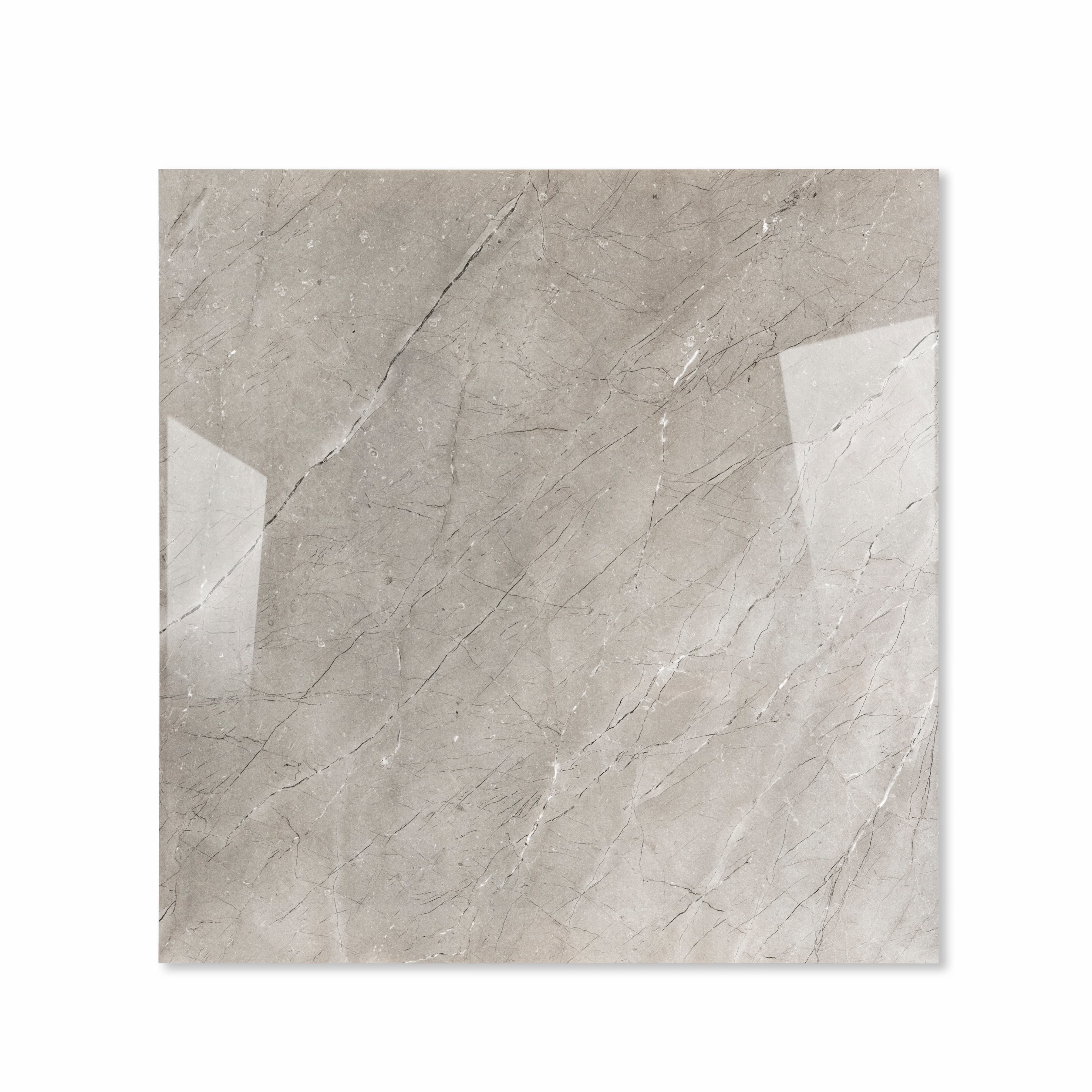 Burberry Grey glossy porcelain tile 120x120cm displayed on easel against luxury marble backdrop for UAE interior design