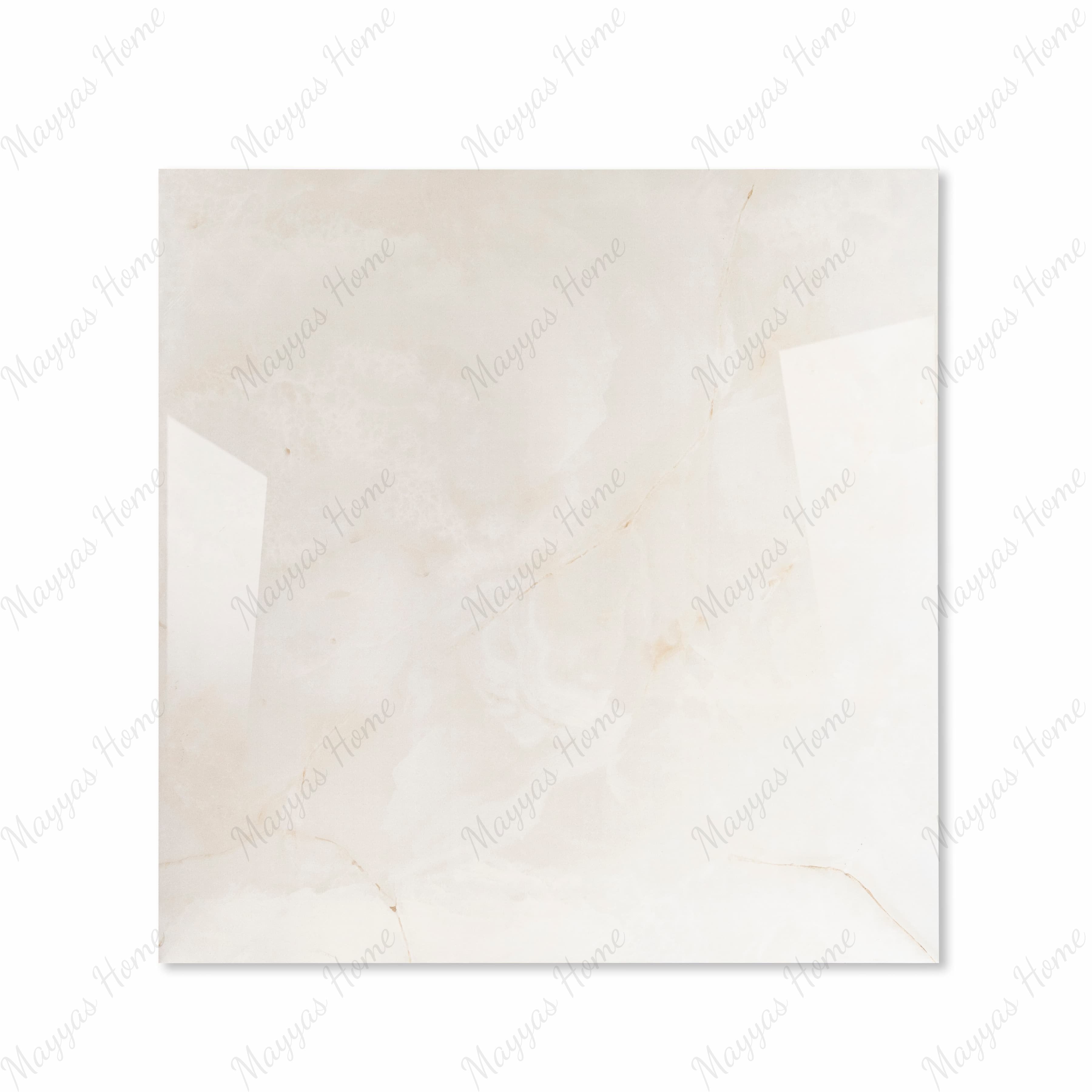 Crema Onyx 120x120cm glossy porcelain tile flat view showing soft ivory onyx surface with golden veining detail