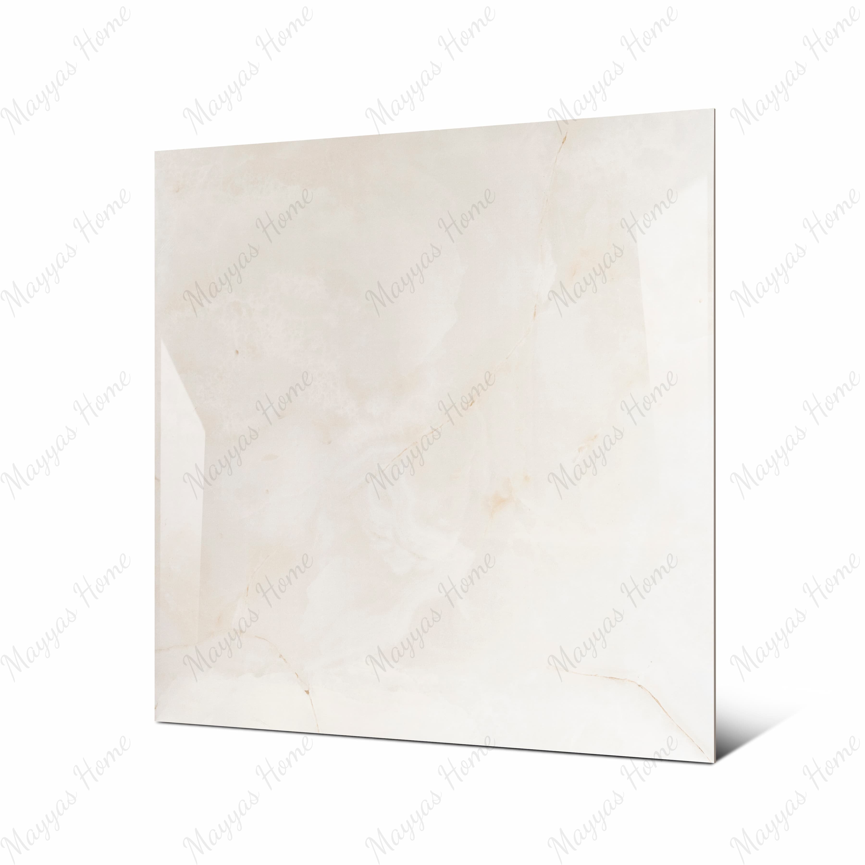 Crema Onyx large format porcelain tile angled view highlighting polished cream marble look and rectified edges

