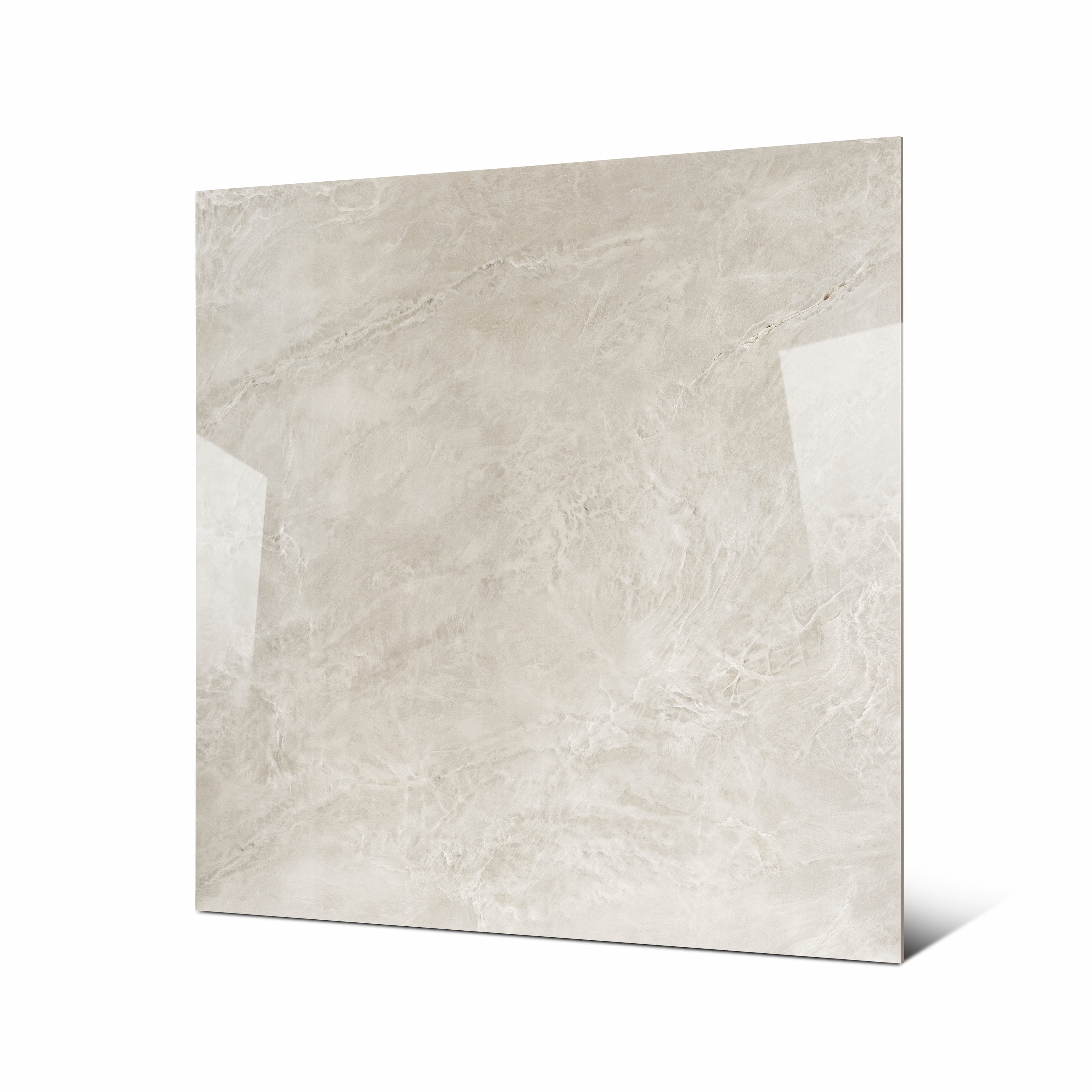 Royal Beige large format porcelain tile angled view highlighting polished beige marble finish, natural veining, and rectified edges