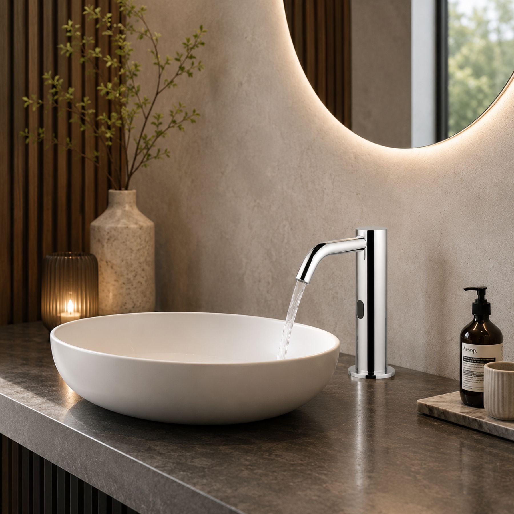703503 electronic pre-mixed washbasin tap with battery-powered operation, above-counter installation, G 1/2” threaded connection & adjustable flow limiter for efficient water control.