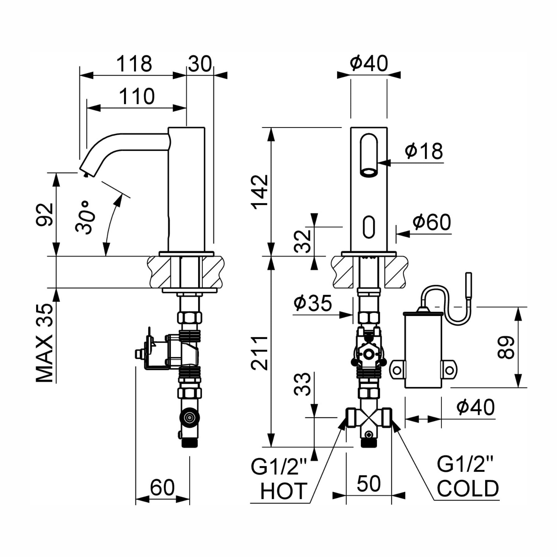 703503 electronic pre-mixed washbasin tap with battery-powered operation, above-counter installation, G 1/2” threaded connection & adjustable flow limiter for efficient water control.