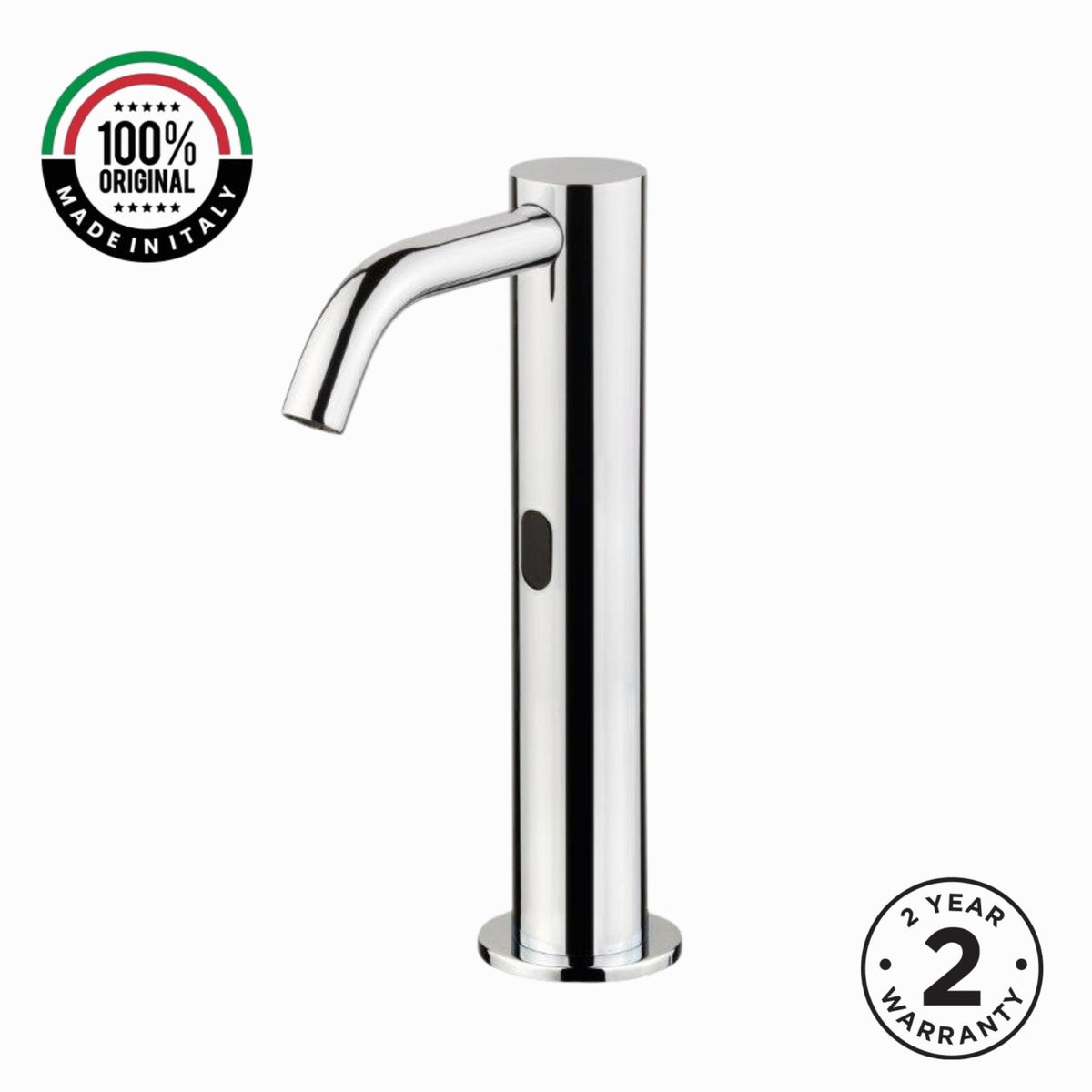 703508 electronic single-water basin tap with extended body and spout, mains-powered operation, G 1/2” threaded stem connection, and adjustable flow limiter for efficient water management.