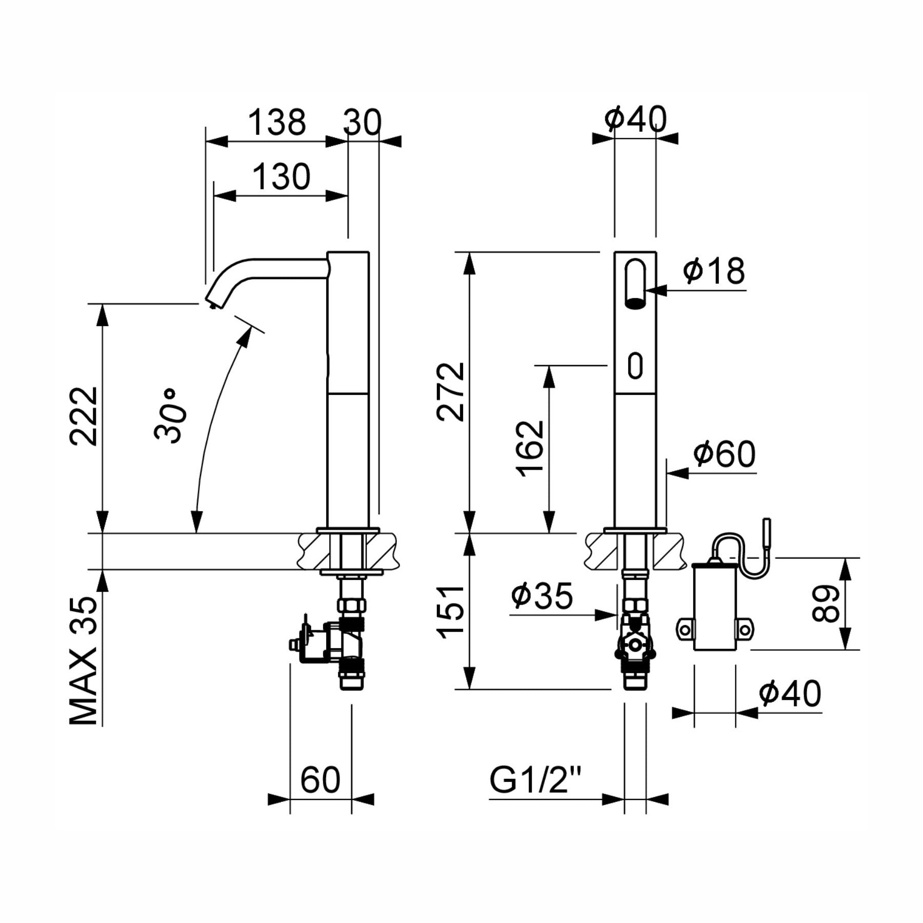 703509 electronic single-lever basin tap with extended body and spout, battery-powered operation, G 1/2” threaded connection, and adjustable flow limiter for efficient water control.