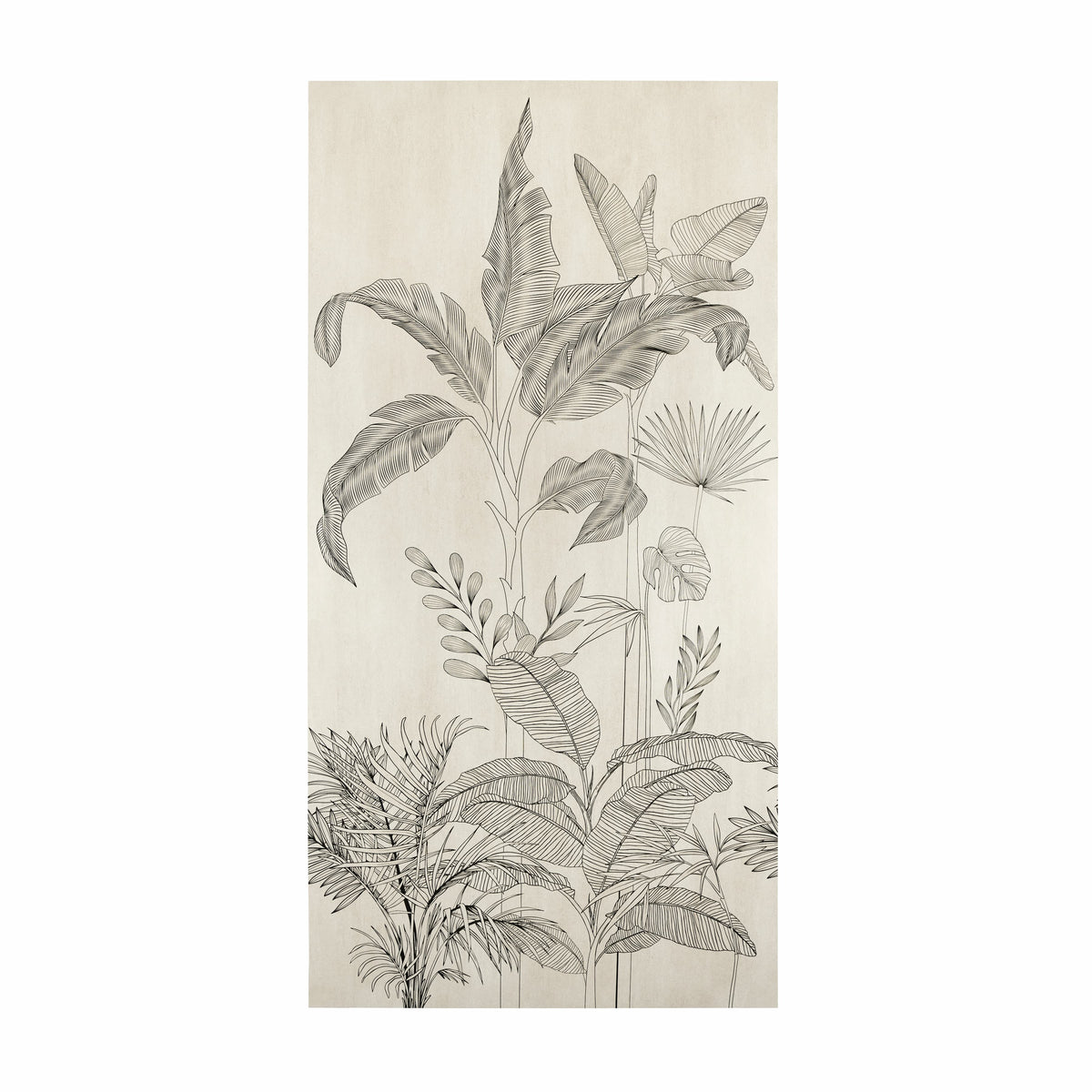 Hordix Crema Decor Matte porcelain slab displayed on easel against luxury backdrop showing botanical line-art design on cream base for UAE interior design