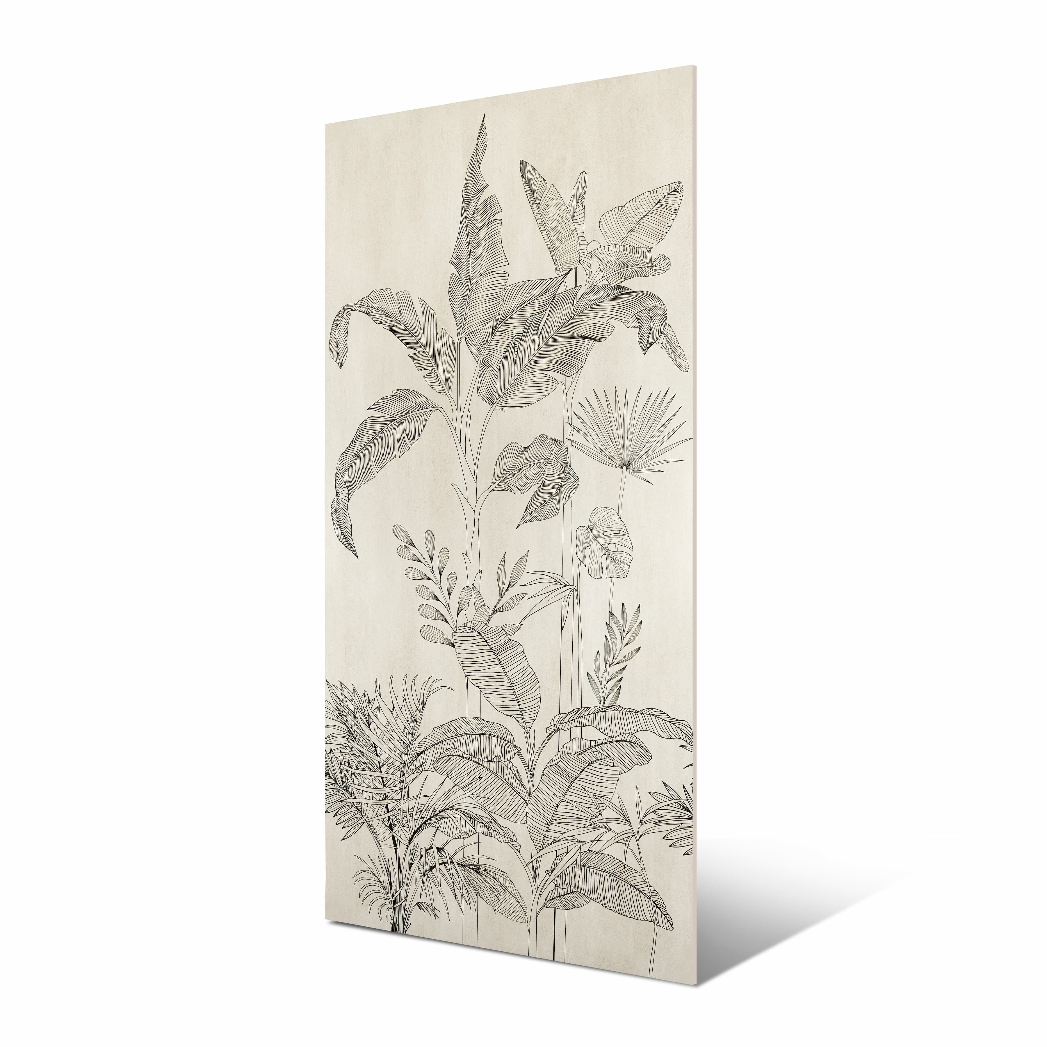 Hordix Crema Decor Matte large format porcelain slab angled view highlighting matte cream finish, hand-drawn botanical decor, and rectified edges