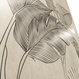 Close-up of Hordix Crema Decor Matte porcelain slab showing fine line-drawn banana leaf and palm detail on textured cream surface
