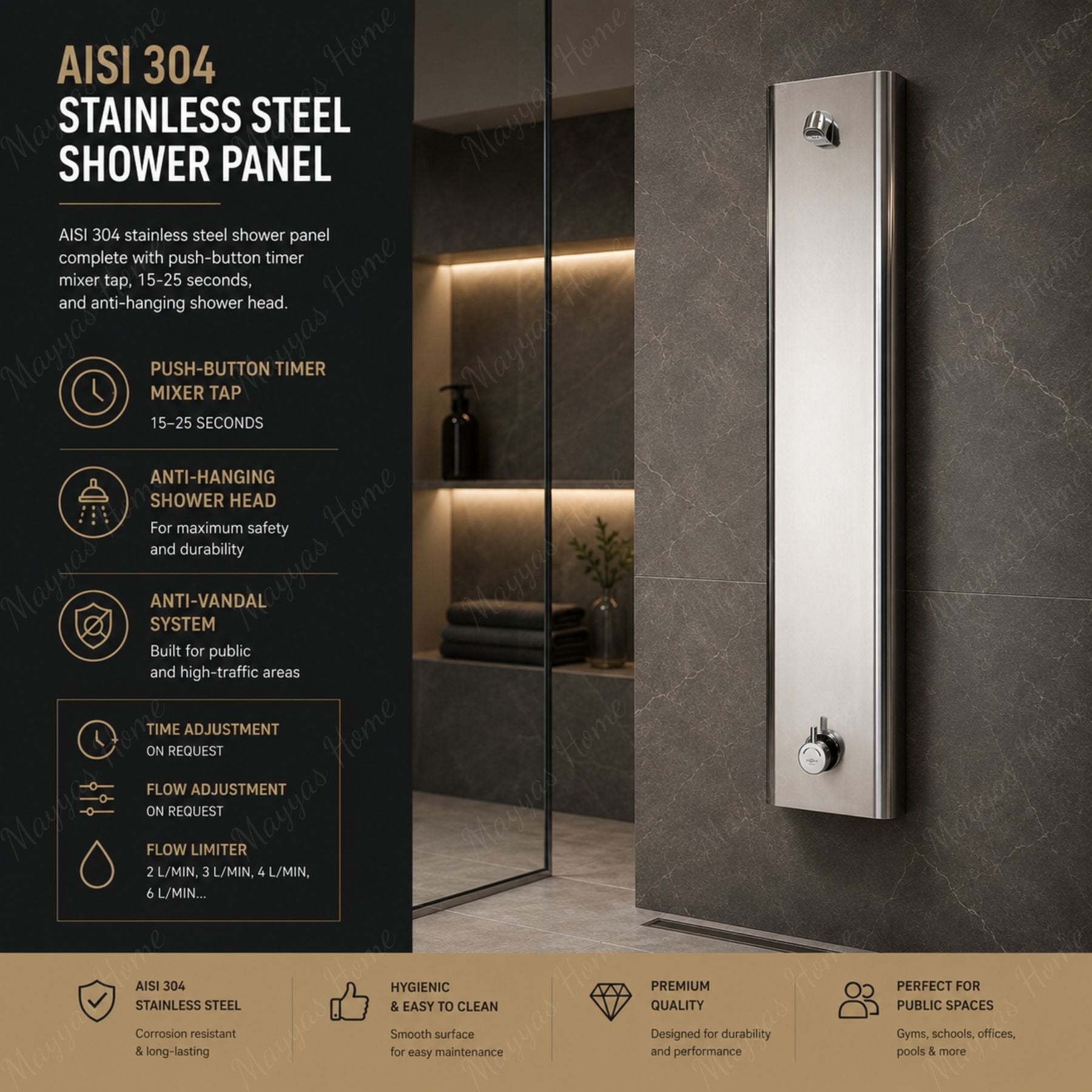 AISI 304 stainless steel shower panel with 15–25 second timed mixer tap, anti-hanging shower head and anti-vandal design for commercial facilities in UAE.