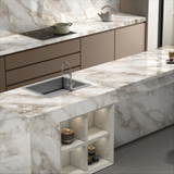 Alex Calacatta white glossy porcelain tile with elegant Calacatta marble veining