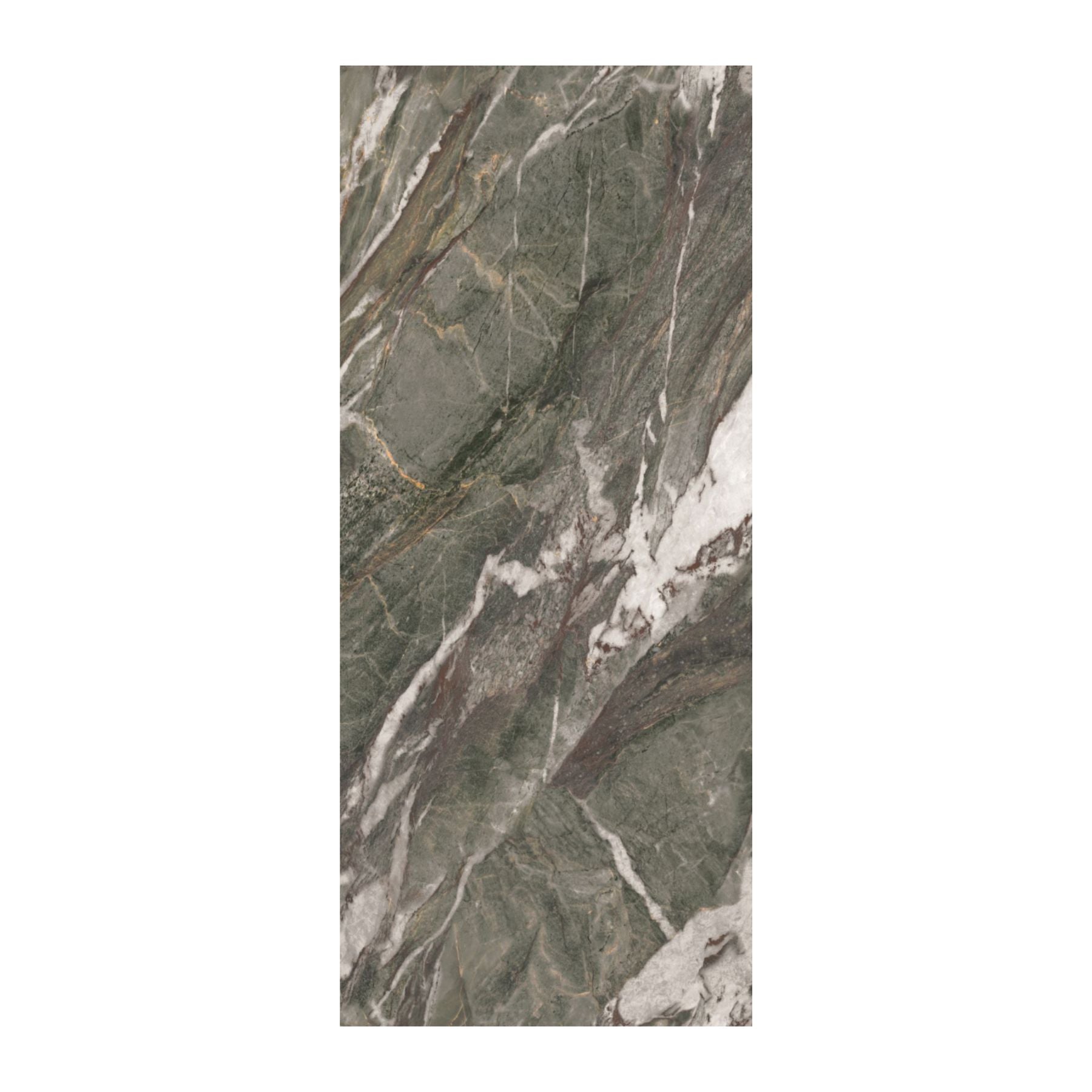Alpine Green Bookmatch Royal Polish Colorbody porcelain slab 120x280cm, 9mm thick, with a rich green marble look for statement floors, walls and interiors.