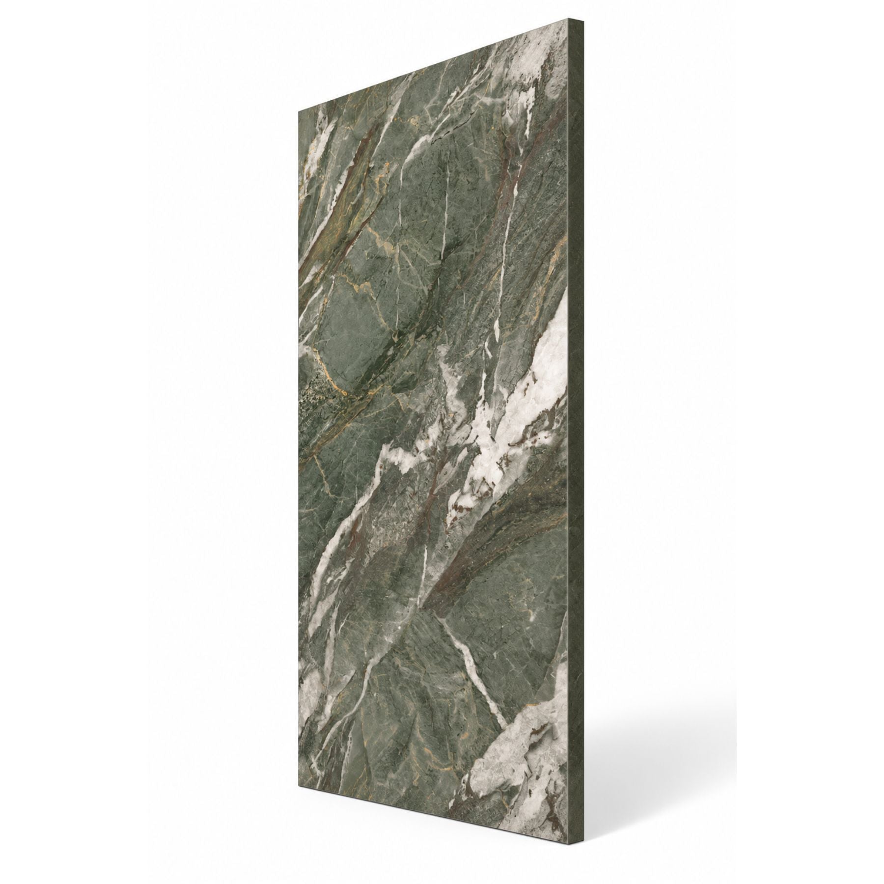Alpine Green Bookmatch Royal Polish Colorbody porcelain slab 120x280cm, 9mm thick, with a rich green marble look for statement floors, walls and interiors.