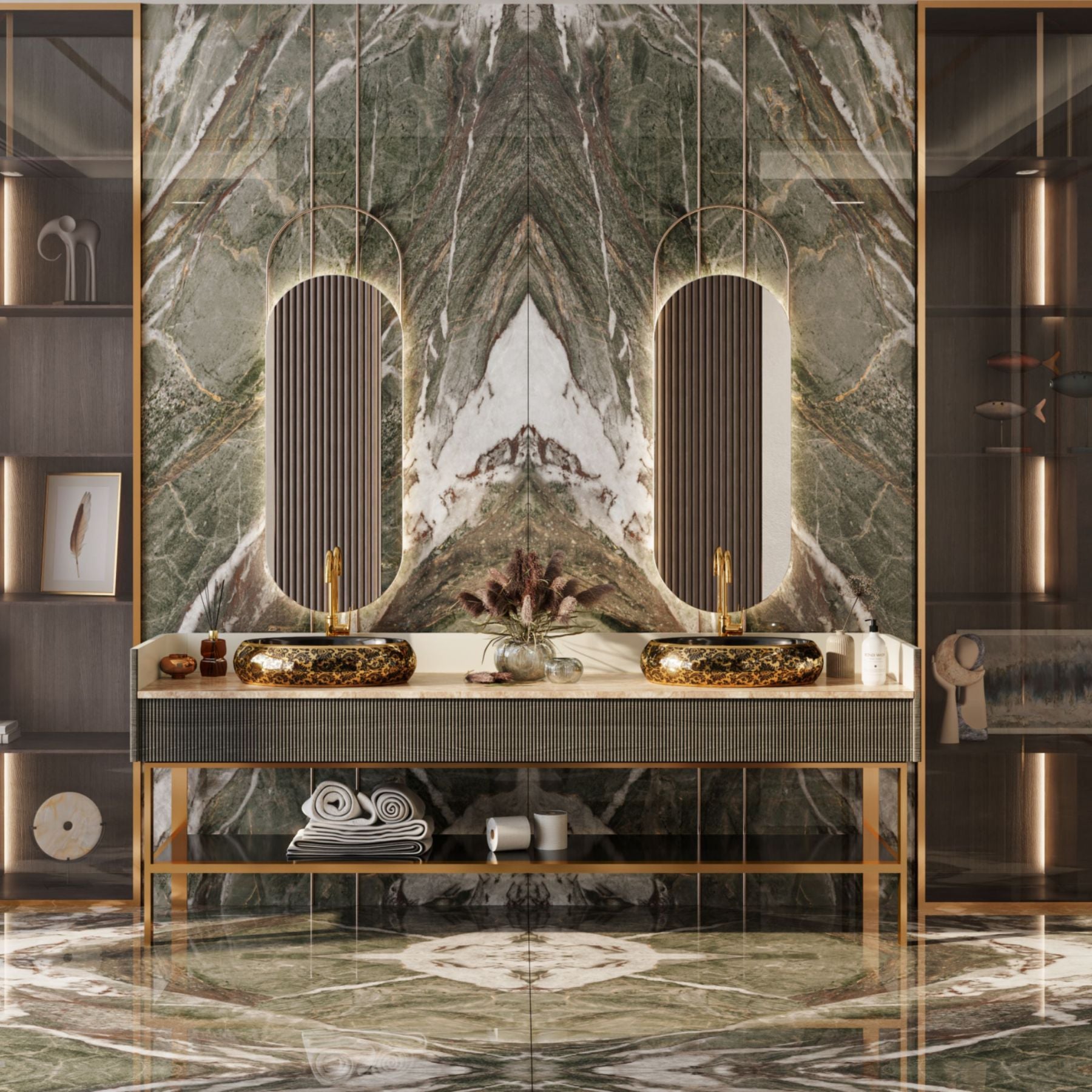 Alpine Green Bookmatch Royal Polish Colorbody porcelain slab 120x280cm, 9mm thick, with a rich green marble look for statement floors, walls and interiors.