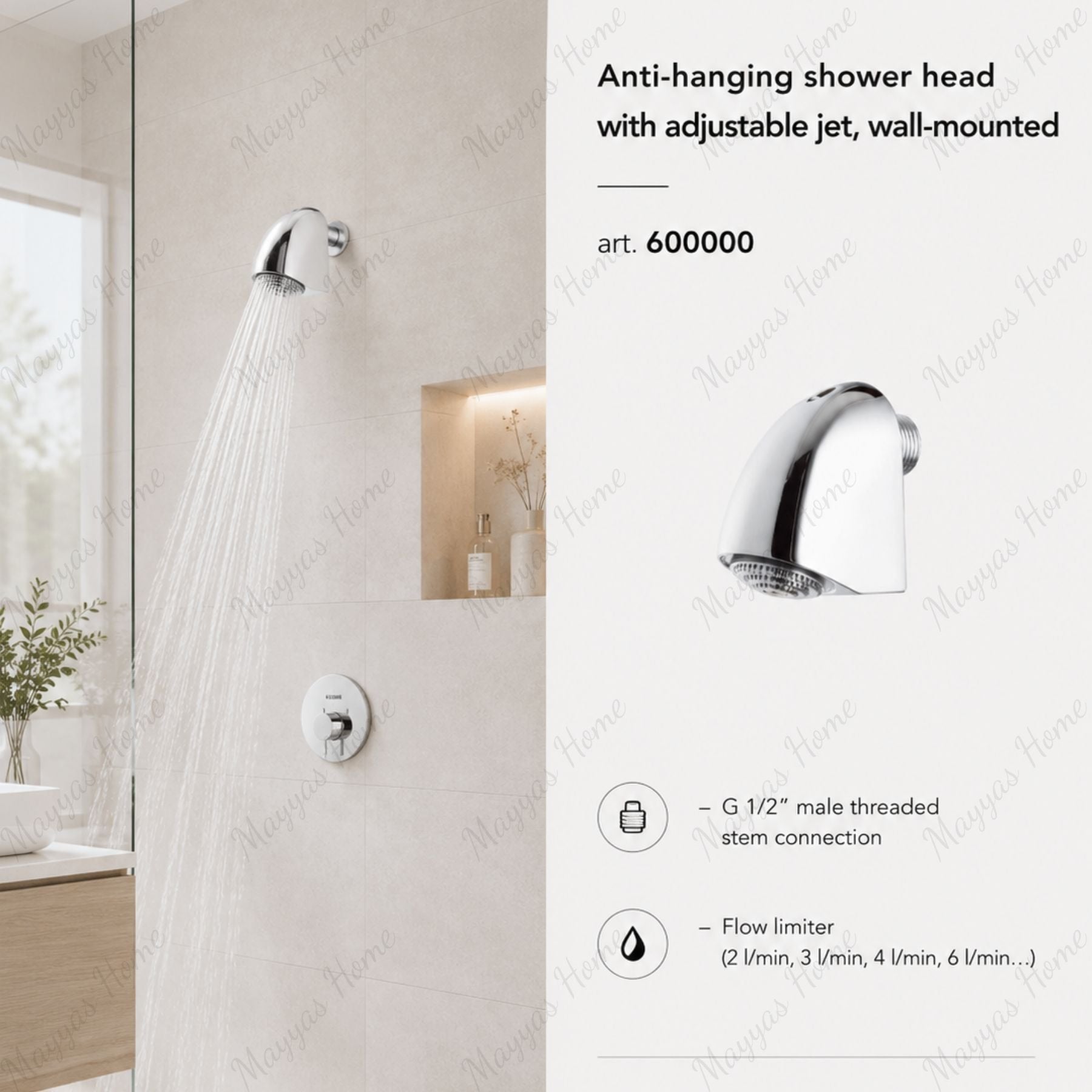 Anti-hanging shower head with adjustable jet, wall-mounted design, G1/2 male connection and flow limiter options. Ideal for secure and commercial facilities in UAE.