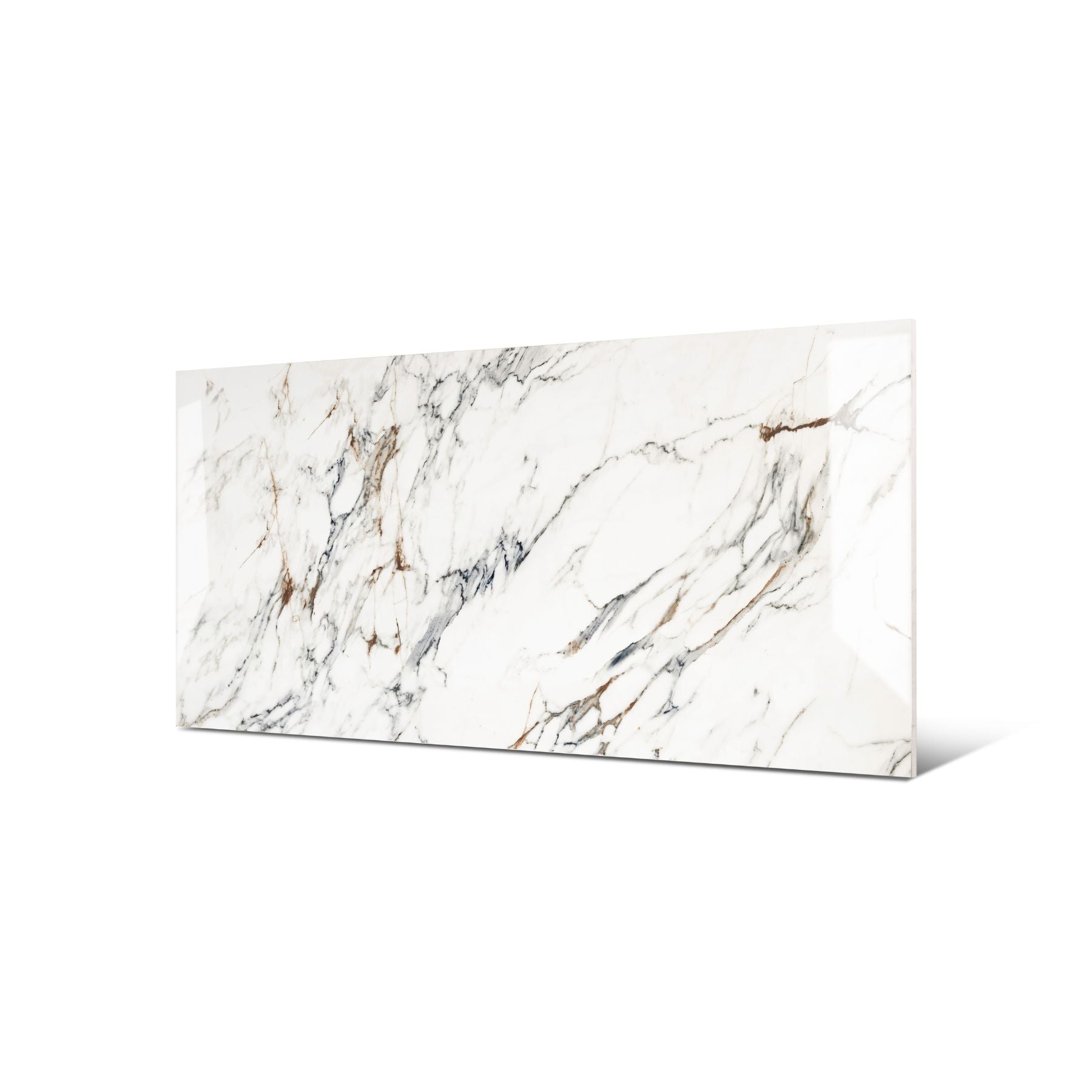 Aristo Statuario 80x160cm glossy porcelain tile, 09mm thick with bold marble veining. Elegant high-gloss finish, perfect for luxury interiors.
