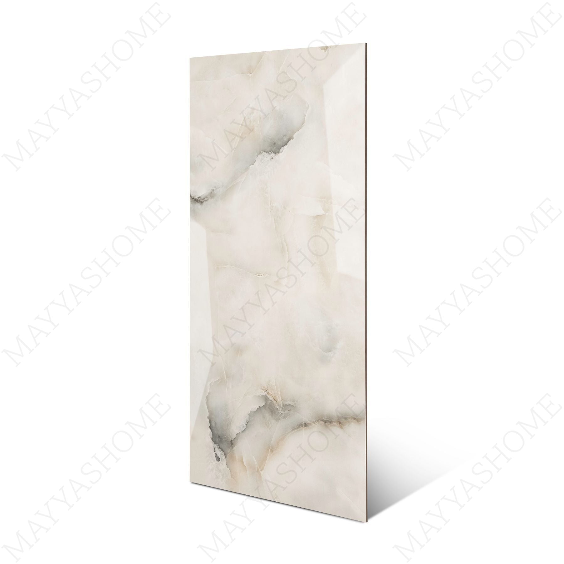 Aurora Pearl glossy marble porcelain tile 60x120cm with 9mm thickness features soft pearl tones, subtle veining and polished finish.