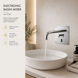 Battery-powered electronic basin mixer with built-in installation and chrome finish. Touchless, water-saving faucet for modern UAE washrooms.