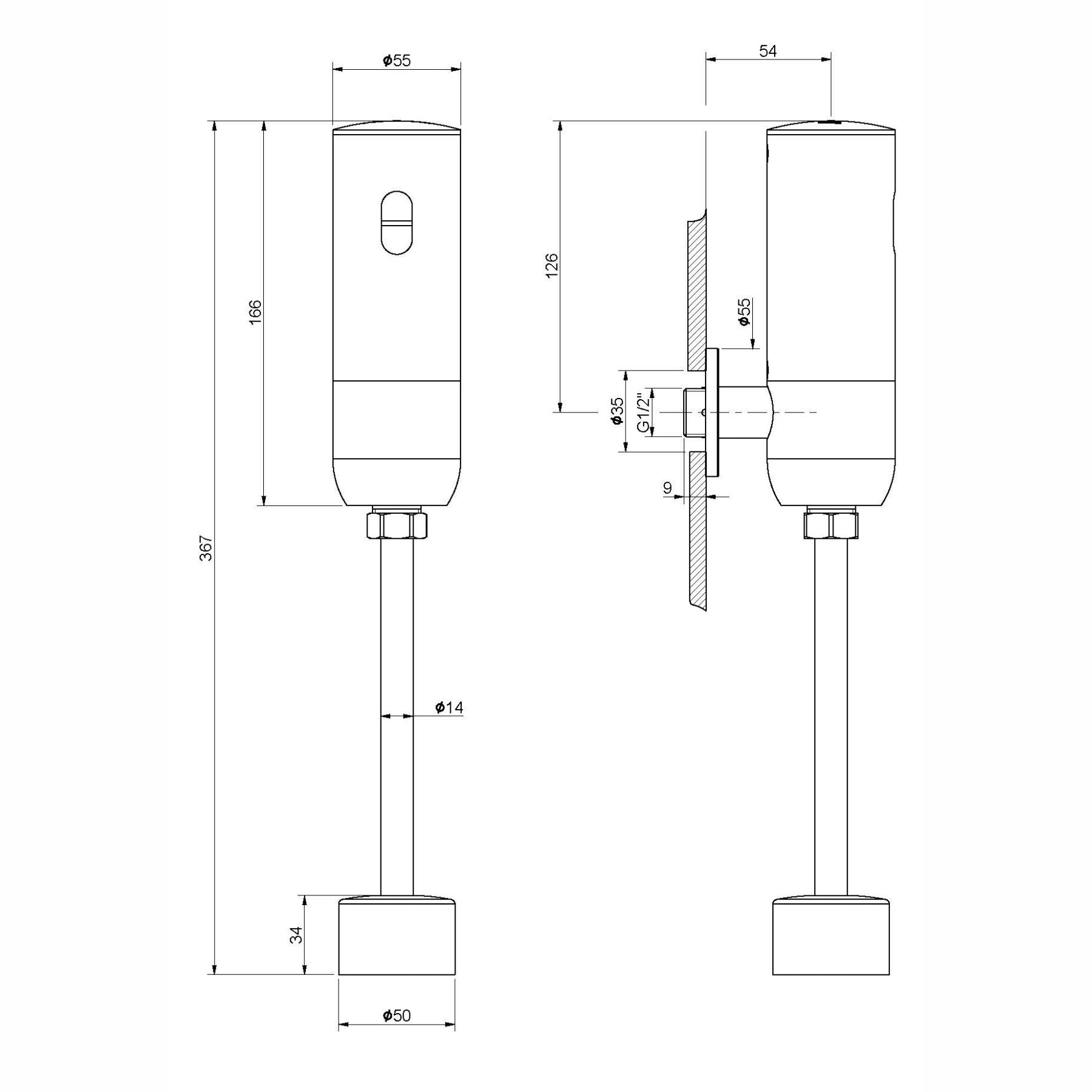 Battery-powered electronic urinal flush valve with chrome finish and external wall installation. Touchless solution for hygienic UAE washrooms.