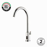 Battery-powered sensor mixer tap with swivel spout, chrome finish and water-saving flow control. Ideal for hygienic commercial and residential washrooms.