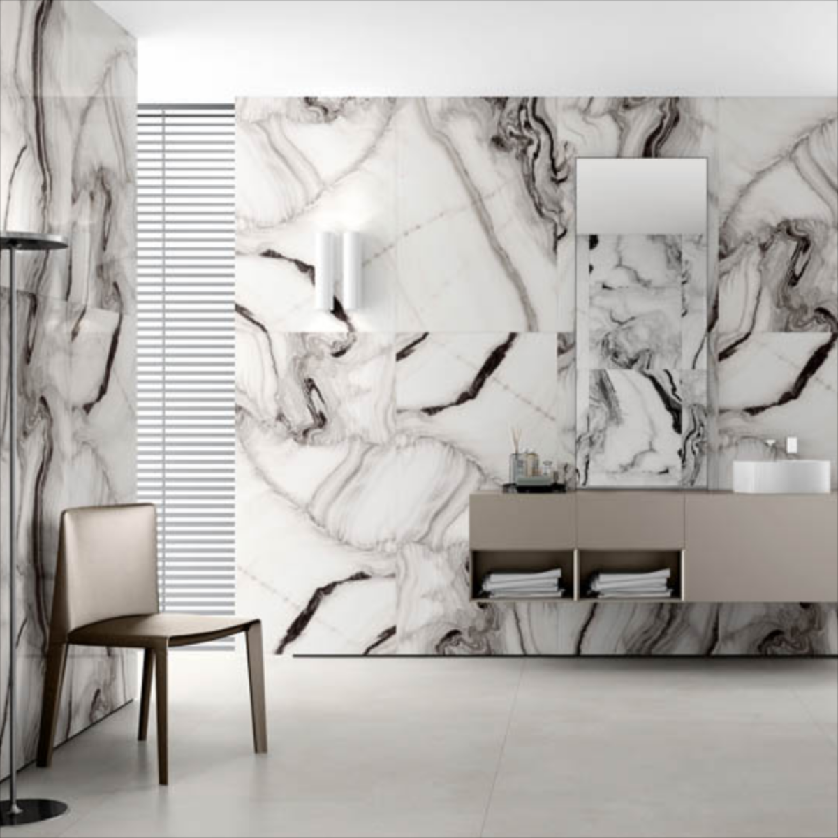 Bianco Lasa 80x160cm high glossy porcelain tile, 09mm thick with a white marble look and subtle veining. Bright, elegant, and durable for modern interiors.